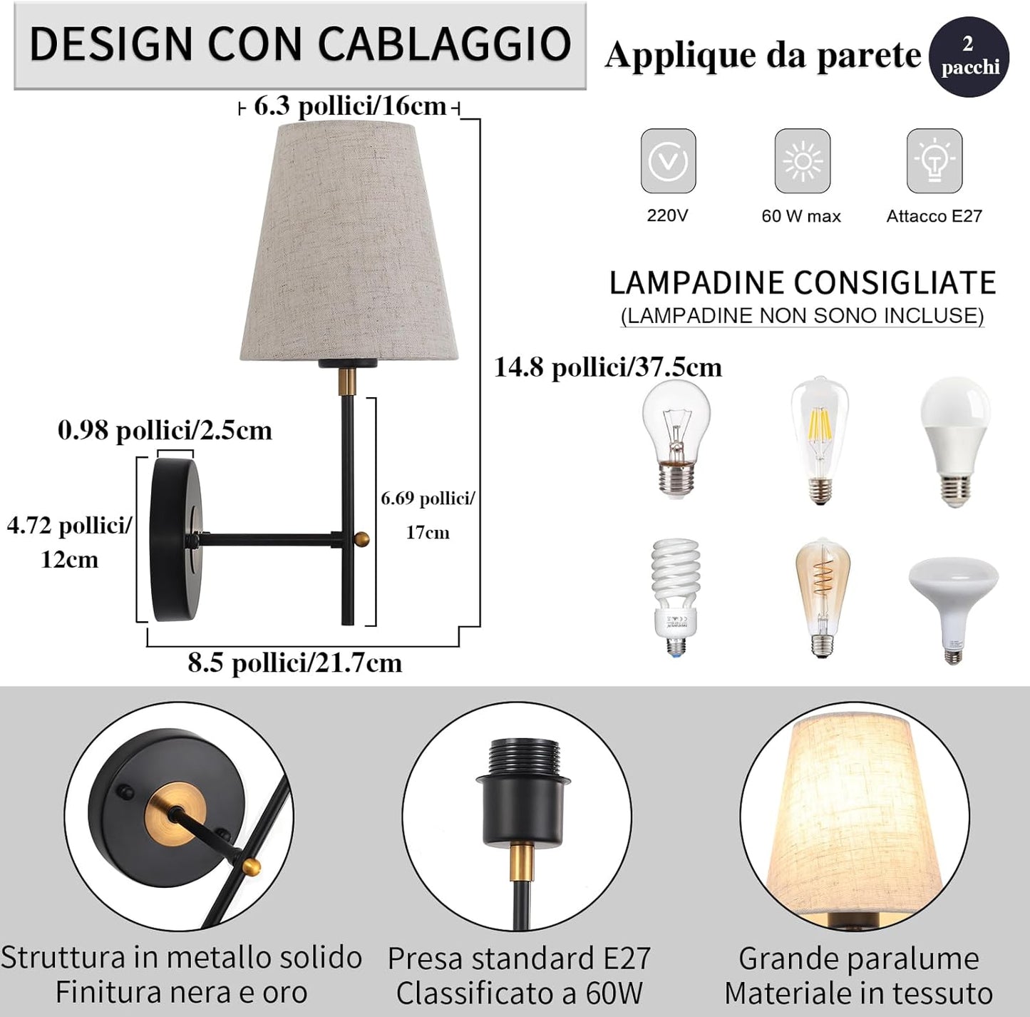 Set Da 2 Applique Da Parete Interno Vintage, Applique Specchio Bagno, Nero E Oro Lampada Da Parete Interni Applique Camera Da Letto Bagno Comodino, Lampadine E27 (Non Inclusa)
