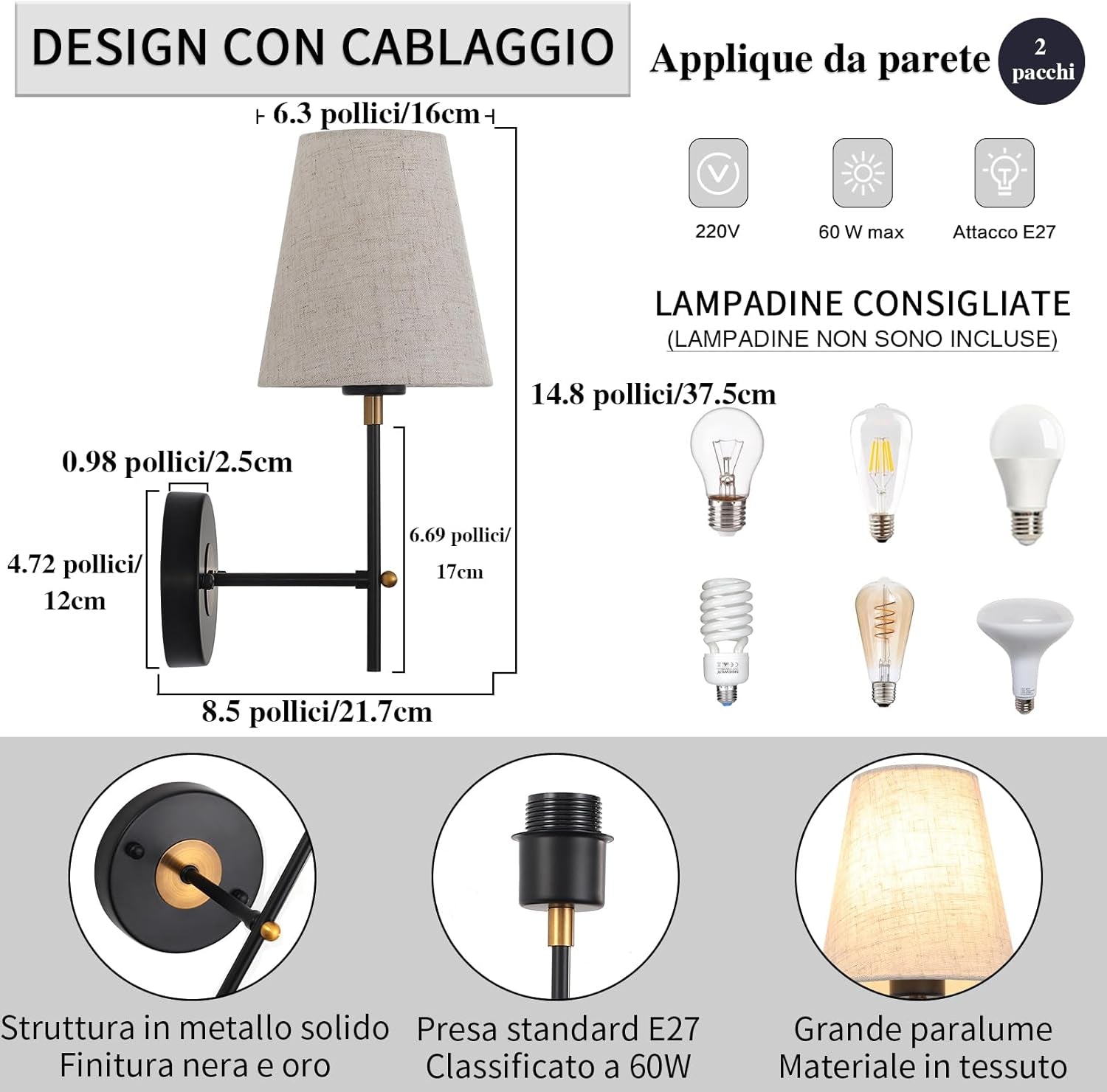 Set Da 2 Applique Da Parete Interno Vintage, Applique Specchio Bagno, Nero E Oro Lampada Da Parete Interni Applique Camera Da Letto Bagno Comodino, Lampadine E27 (Non Inclusa)