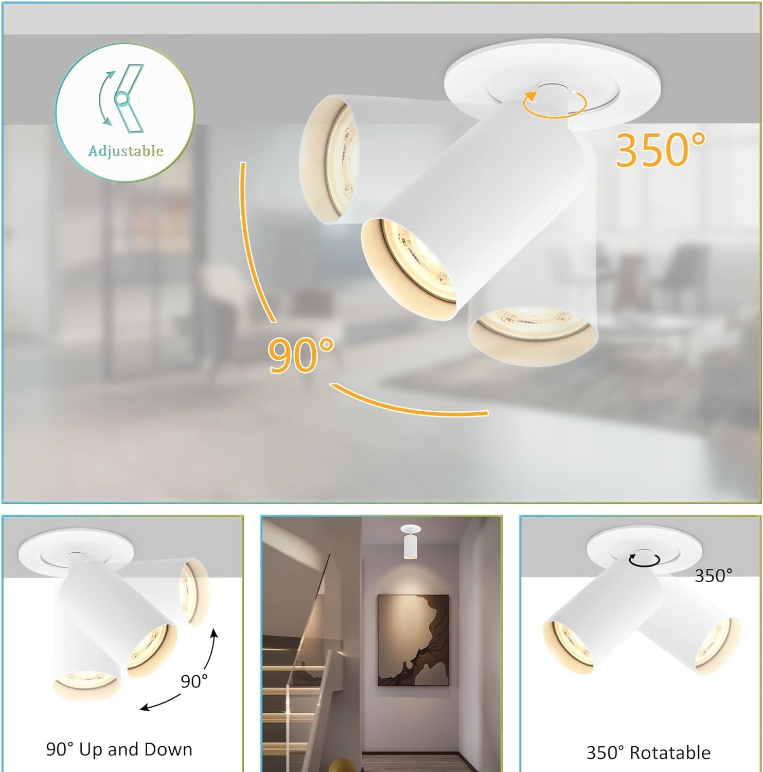 Faretti Da Soffitto Orientabili, GU10 Faretti LED Da Soffitto Bianco, Moderna Plafoniera Lampade Da Soffitto, Faretto LED Incasso per Barra, Cameretta, Cucina, Senza Lampadina, 2 Pezzi