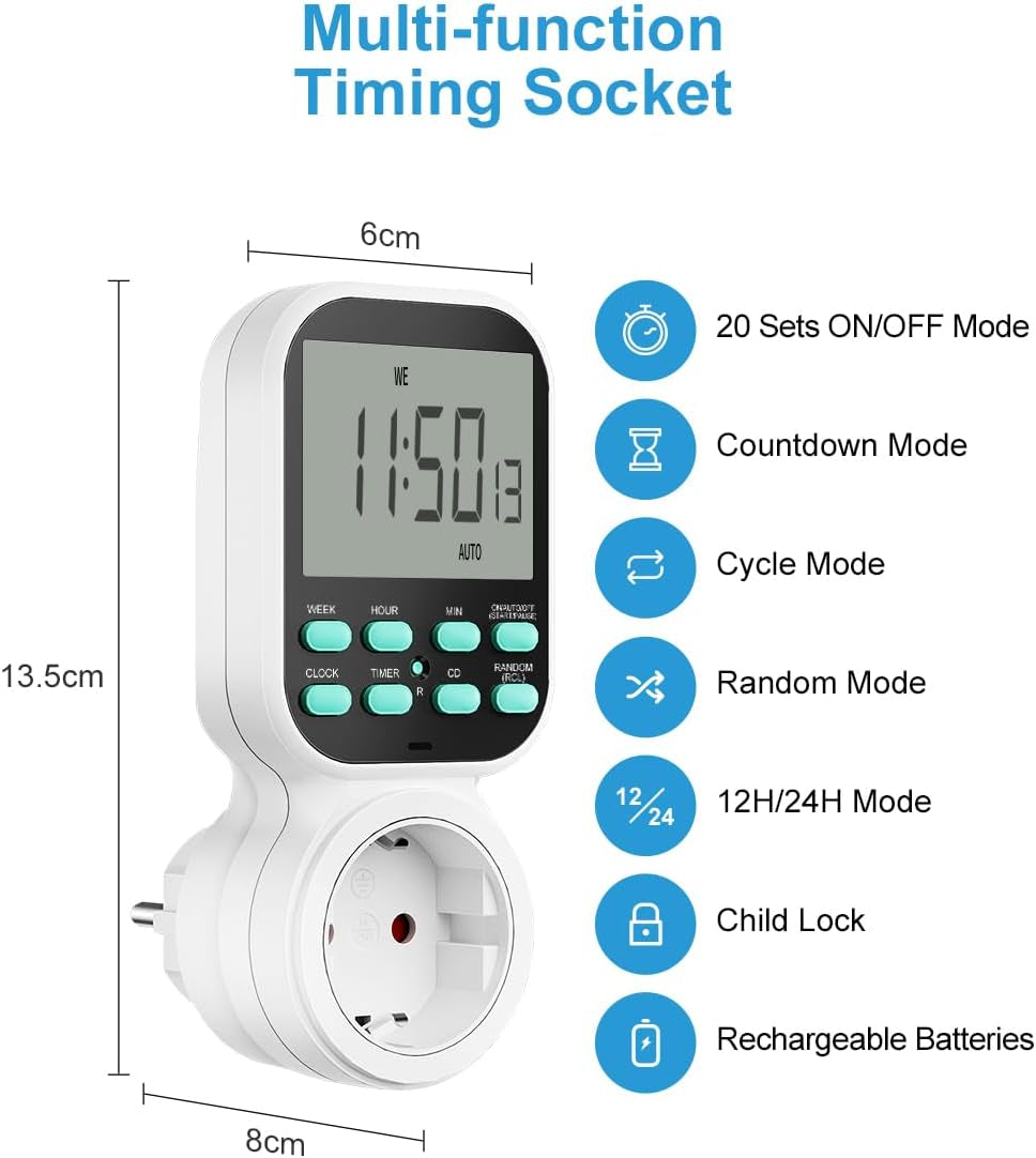 Presa Temporizzata Elettronica Digitale, Spina Timer Programmabile Con Ampio Display LCD, Retroilluminazione, Modalità Casuale Antifurto, Presa Timer per Elettrodomestici, Risparmia Energia, 2 Pezzi