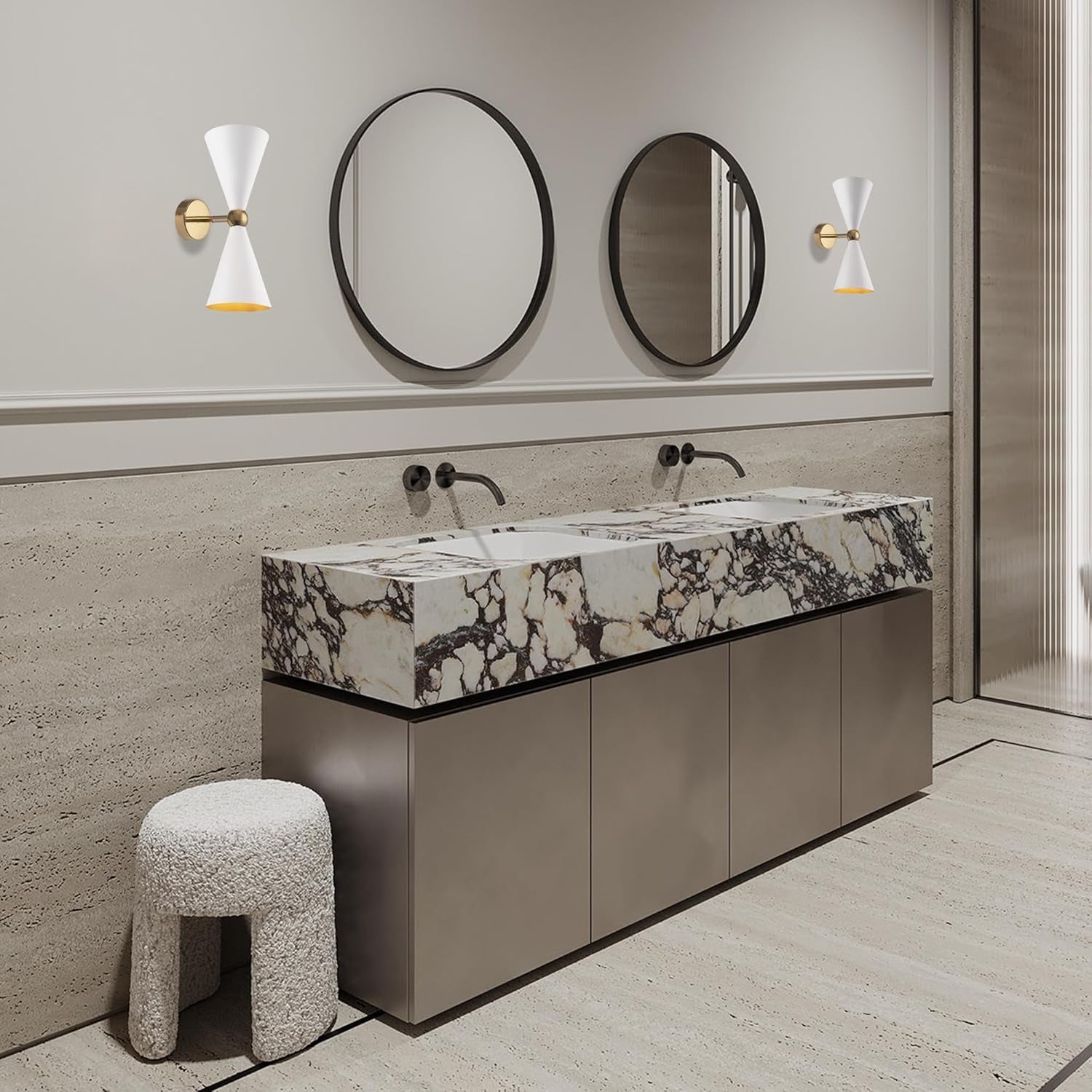 Moderna Applique Lampada Da Parete Bidirezionale a 2 Luci, Bianco E Oro, Paralumi Orientabili, per 2 Lampadine E14 40W Non Incl. per Sala, Camera Da Letto, Soggiorno, Cucina