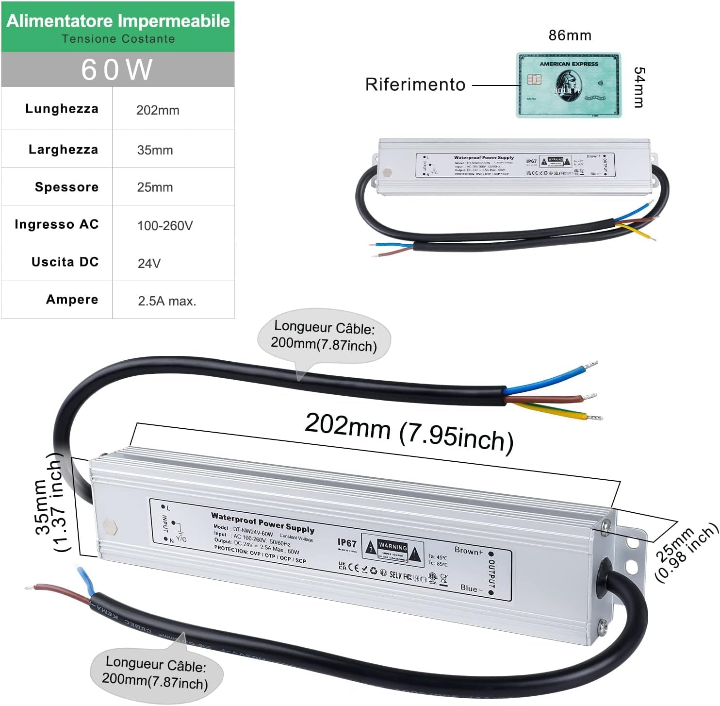 Trasformatore LED 24V 60W Alimentatore 2.5A Impermeabile IP67 Driver LED AC 100-260V a DC 24V Trasformatori Da Esterno Adattatore LED a Tensione Costante LED Power Supply Bassa Tensione