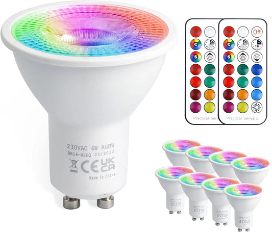 Lampadina LED GU10, 5W Lampadine LED Colorate 12 Colori Faretto LED RGB, Dimmerabile Con Telecomando, Luce Bianco Caldo 3000K, 50W Equiv. per Decorazione Della Casa (Confezione Da 8)