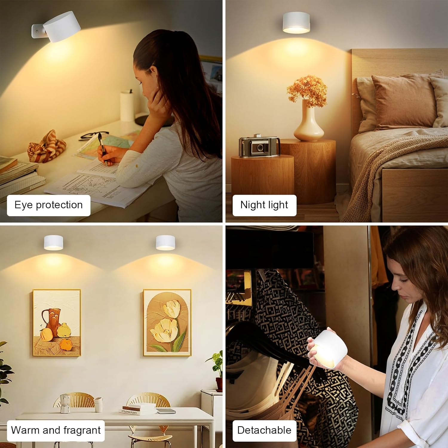 2 Pezzi Lampada a Batteria, LED Moderna Applique Parete Controllo Touch Telecomando Ruotare 360° Dimmerabile Batteria Ricaricabile Modalità Luminosità Calda/Bianca per Camera Da Letto