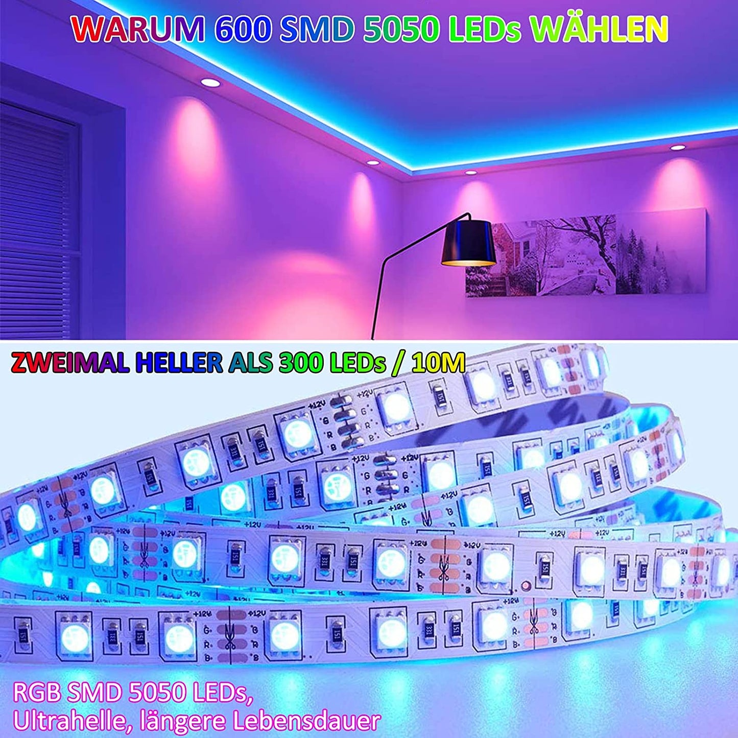 Striscia Led 10M, Striscia Led Rgb 5050 Smd 600 Banda Led, Barra Led, Banda Luminosa Led Non Impermeabile + Telecomando a 44 Pulsanti + Alimentazione 24V