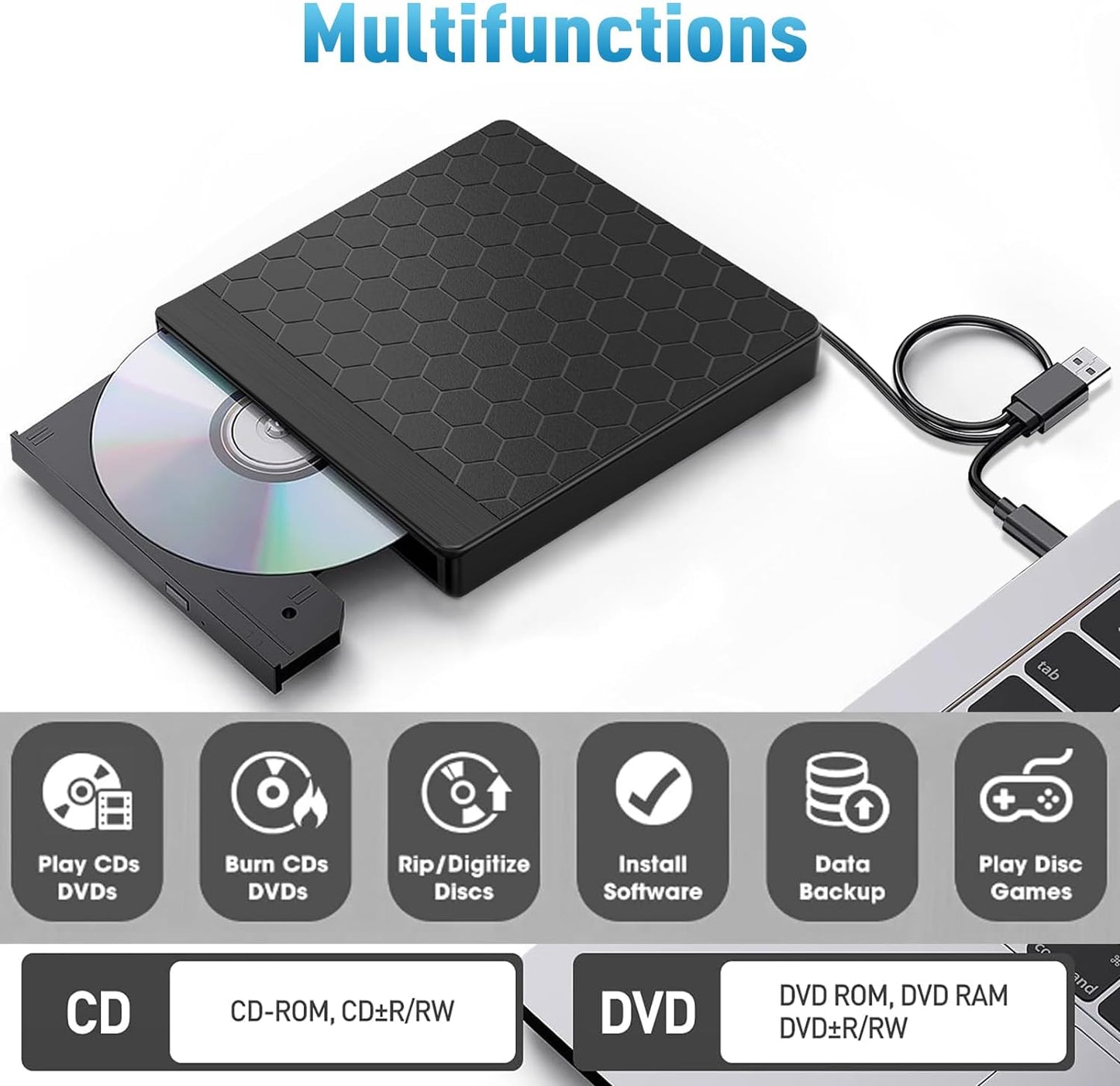 Lettore CD DVD Esterno per PC Portatile, Masterizzatore DVD Esterno,Usb 3.0 Con 2 Porte USB E Lettore Di Schede TF/SD, Lettore CD/DVD per PC Laptop Macbook per Windows 11/10/8.1/7/Linux/Mac OS