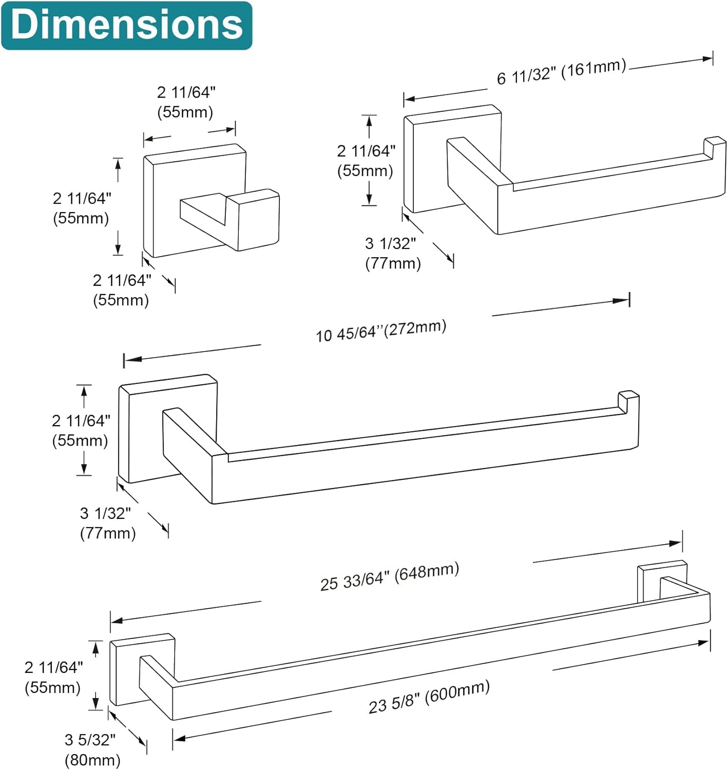 Set Di 5 Pezzi Di Accessori per Il Bagno in Acciaio INOX Lucido Porta Carta Igienica Gancio per Accappatoio Montaggio a Parete Finitura Lucida B05A5-CH