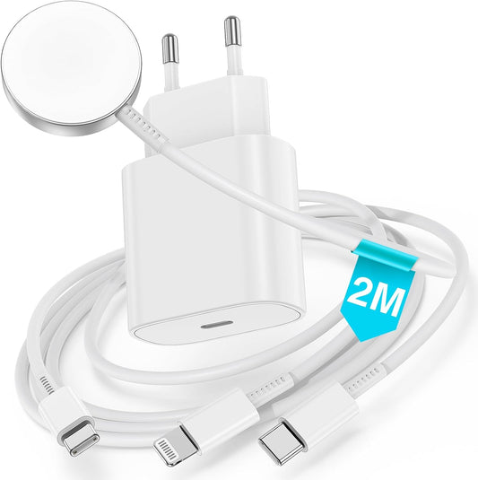 Cavo Di Ricarica 3 in 1 per Apple Watch E Iphone, Caricatore USB C Iphone E Cavo 2 M, Tipo C Charger Adapter Spina Originale per Iphone 15 Pro Max/14 Plus/13/12/11/X,Iwatch Series