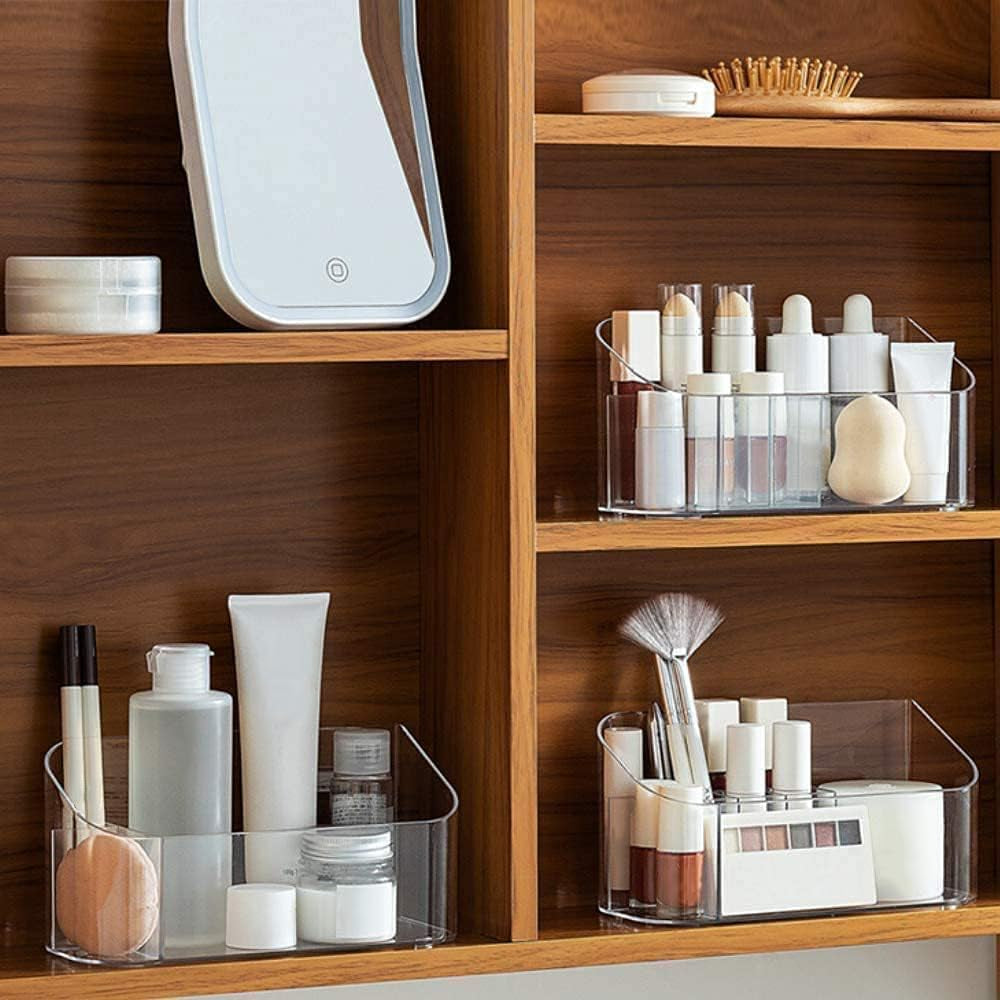 LINFIDITE Organizer per Cosmetici Organizer per Cosmetici con 9 Scomparti e 2 Divisori Rimovibili, Armadietto da Bagno Porta Cosmetici, Scatola per Cosmetici Essenziali di Bellezza Trasparente