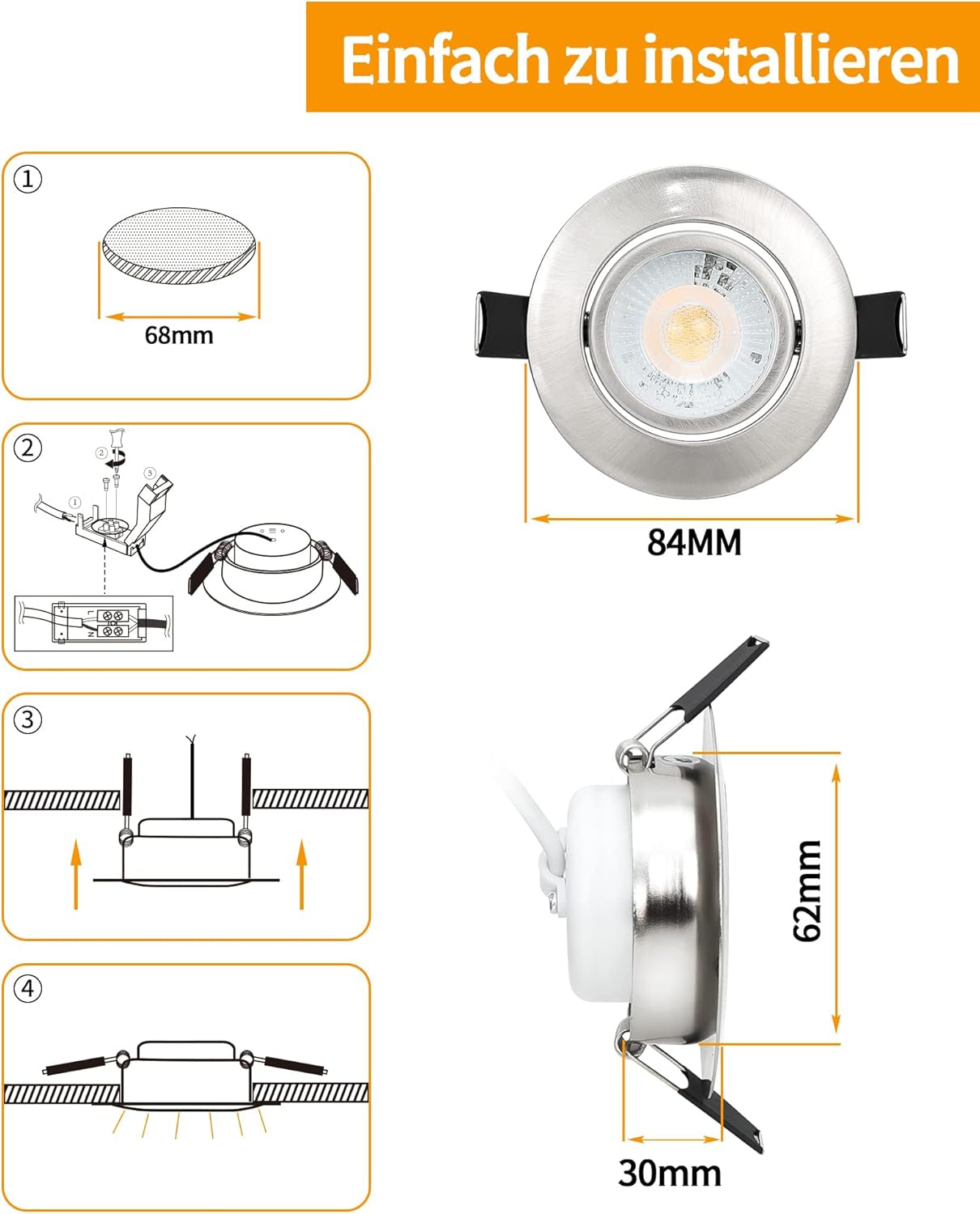 BOYIR Set di 3 faretti da incasso a LED 230V faretti LED ultra piatti 3 livelli dimmerabili 6W 4000K luci da incasso bianco neutro 550LM Faretti da incasso a LED orientabili IP44 faretti da soffitto adatti al bagno 68 mm