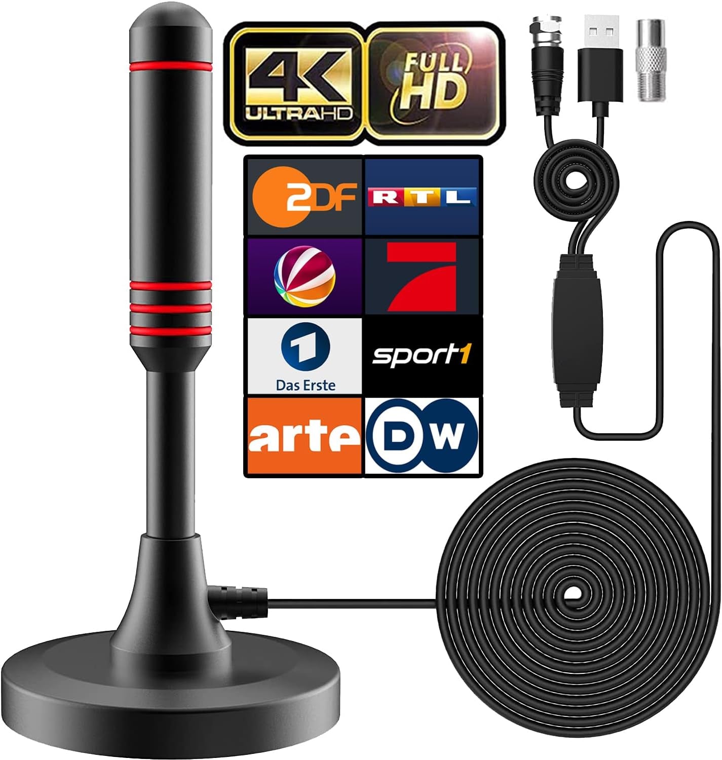 Antenna DVB-T/DVB-T2 Con Amplificatore, Antenna HDTV per TV, Ampia Portata E Ricezione a 360°, Con Base Magnetica, Cavo Da 5 Metri, Supporta Canali HD 4K E Tutti I Dispositivi TV