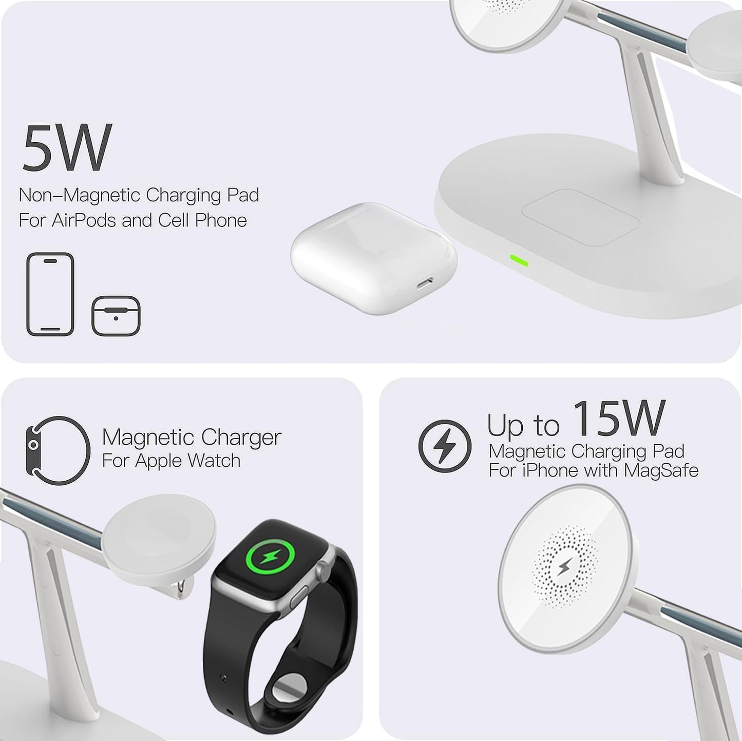 Caricatore Magnetico 3 in 1, Compatibile Con Caricabatterie Magsafe per Iphone 15/14/13/12, Con Adattatore PD, Ricarica Rapida Pieghevole per Apple Watch Ultra/9/8/7/6/5/4 E Airpods Pro/3/2