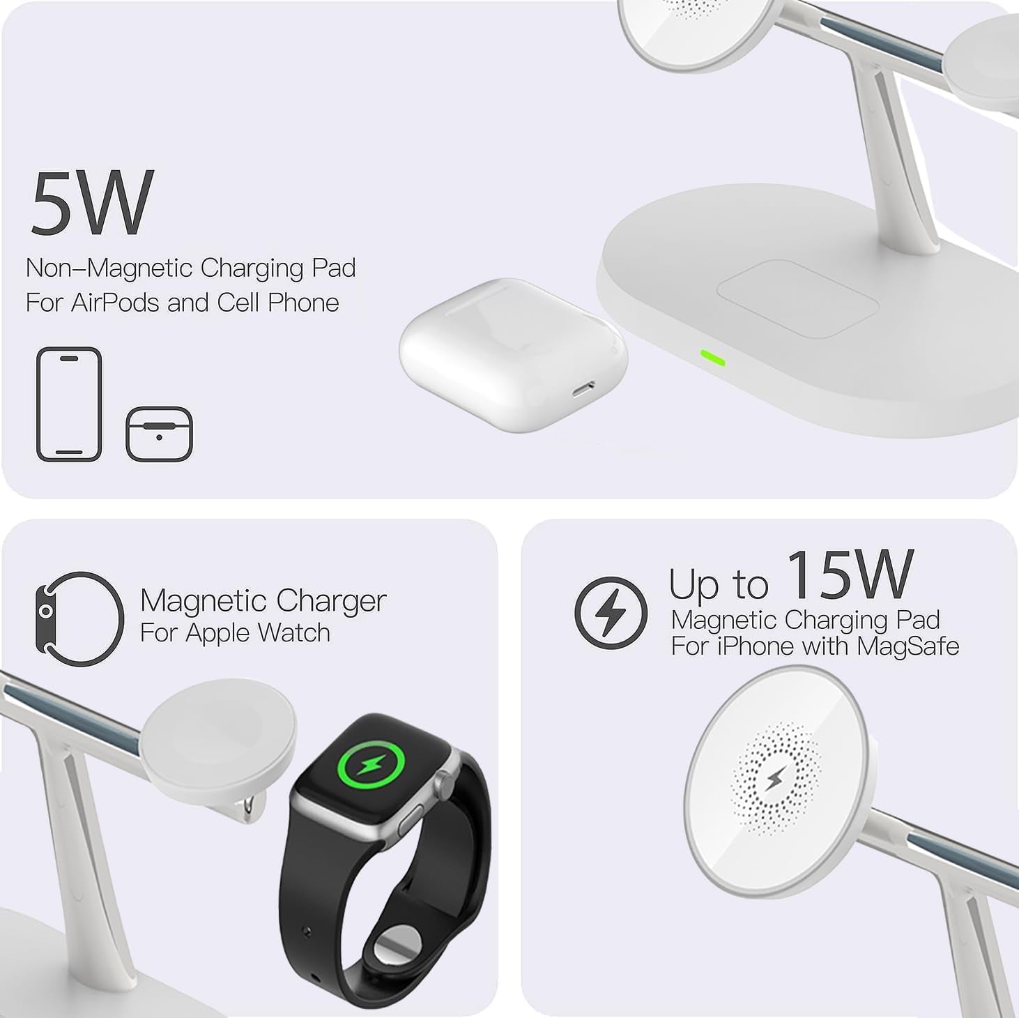 Caricatore Magnetico 3 in 1, Compatibile Con Caricabatterie Magsafe per Iphone 15/14/13/12, Con Adattatore PD, Ricarica Rapida Pieghevole per Apple Watch Ultra/9/8/7/6/5/4 E Airpods Pro/3/2