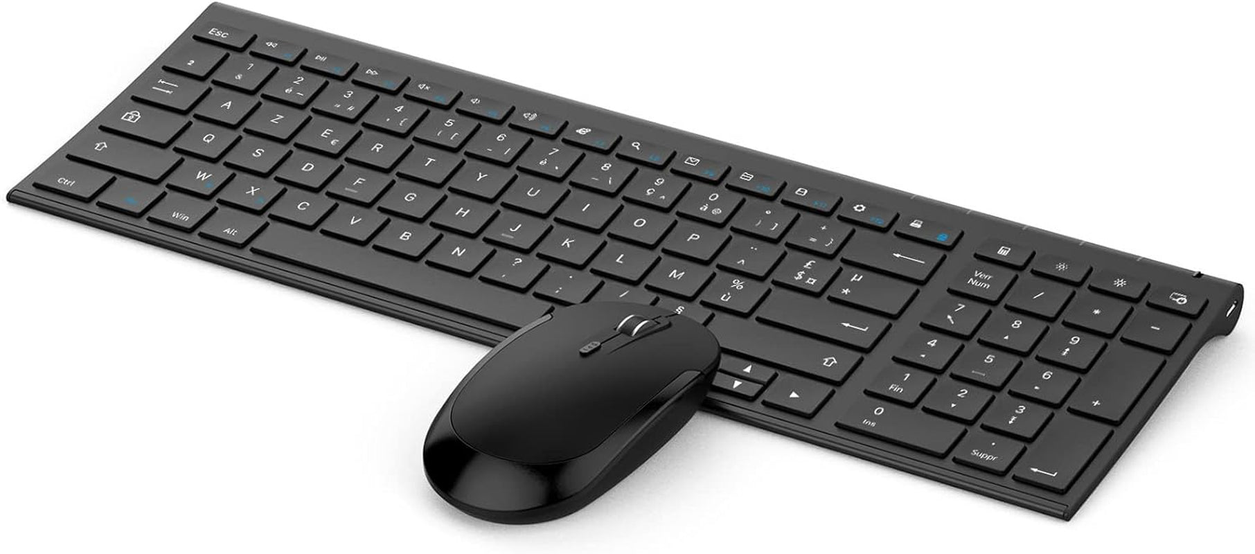 Tastiera E Mouse Senza Fili per Windows,Combo Ricaricabile, Ricevitore USB, Tasti Multimediali, Silenziosi, Ultra-Fin, Disposizione AZERTY Francese Nero