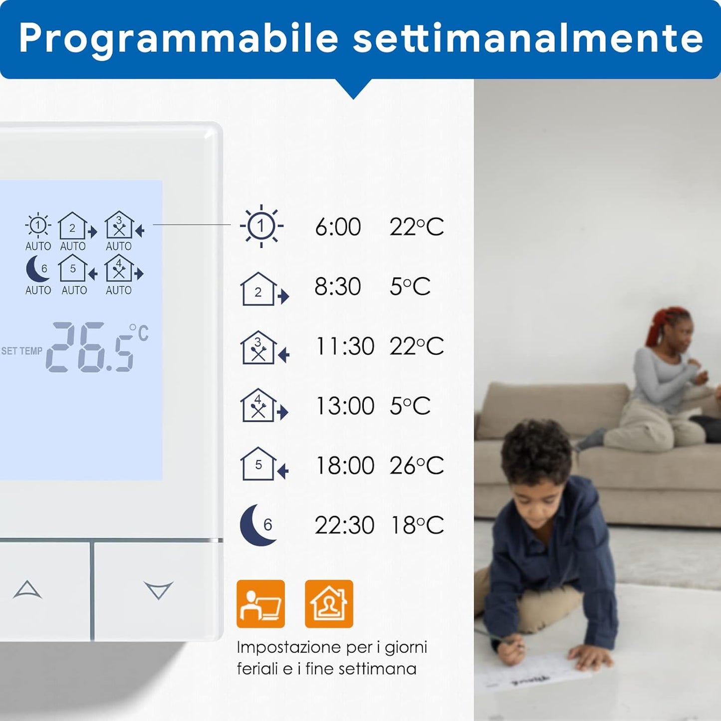 Termostato Smart per Riscaldamento Dell'Acqua,Termostato Ambiente LCD Touchscreen Digitale Programmabile Settimanale Cronotermostato 3A TDS75-WP