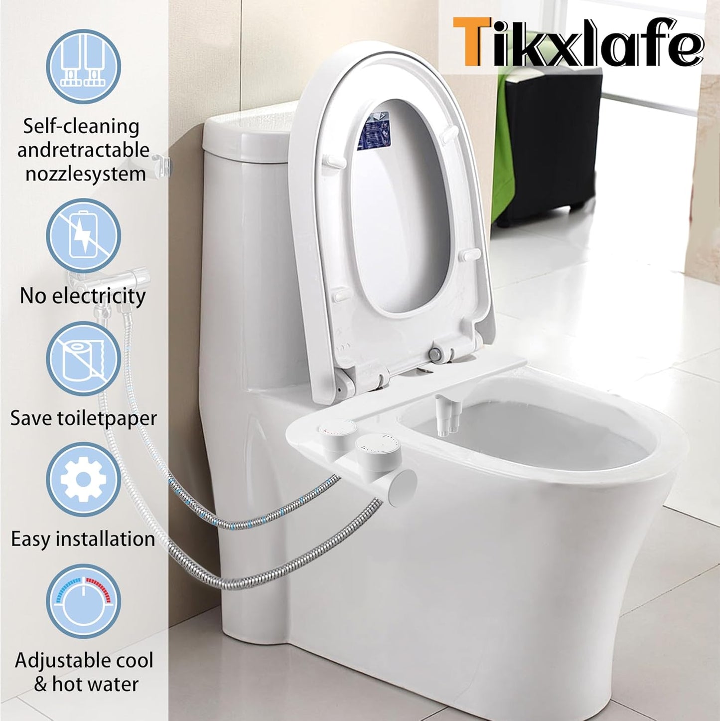 Bidet Ultra Sottile E Minimalista per Acqua Fredda E Calda Con 2 Tubi Intrecciati in Acciaio Inossidabile Doppio Ugello Autopulente Retrattile Pressostato Regolabile