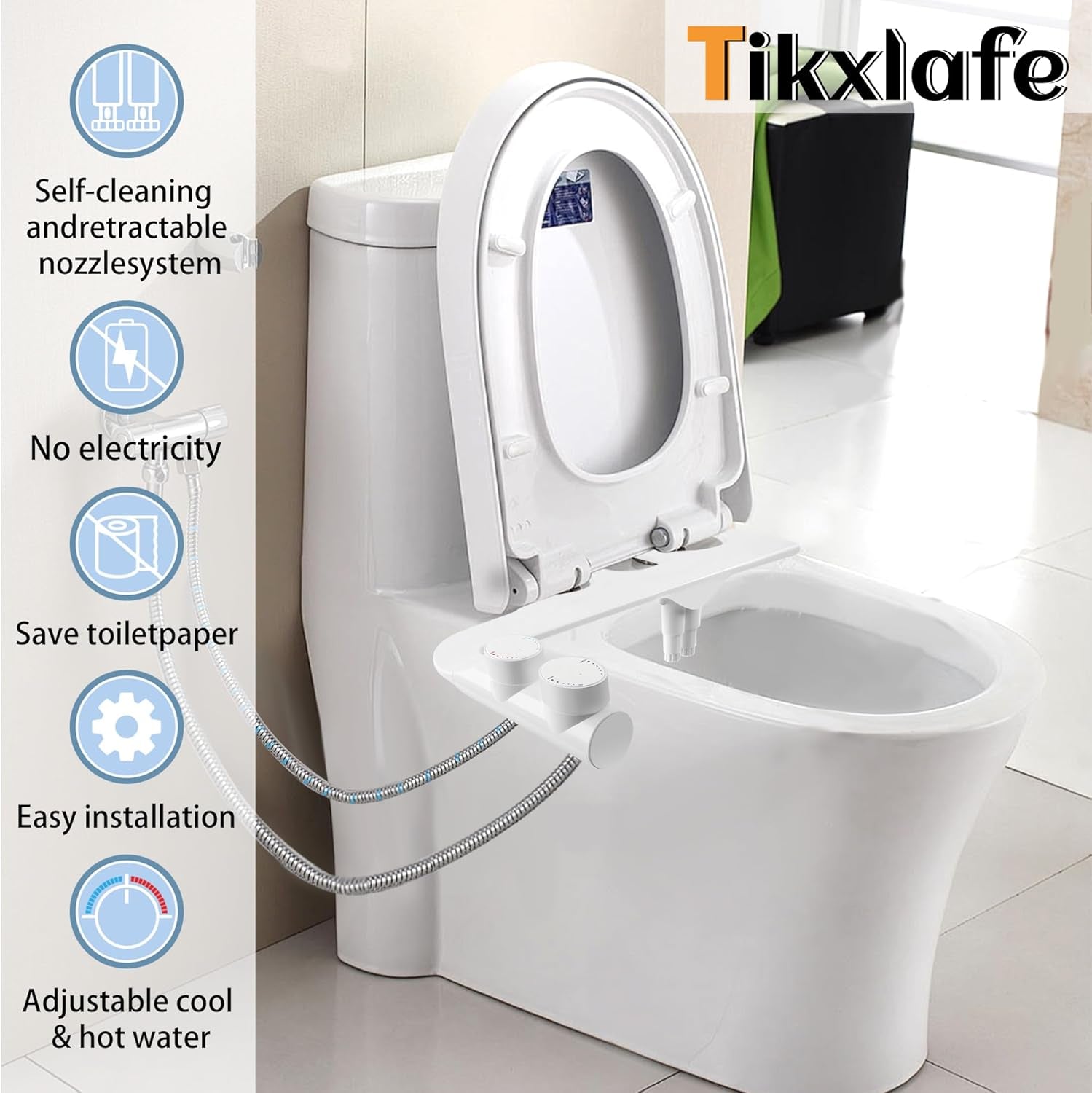 Bidet Ultra Sottile E Minimalista per Acqua Fredda E Calda Con 2 Tubi Intrecciati in Acciaio Inossidabile Doppio Ugello Autopulente Retrattile Pressostato Regolabile