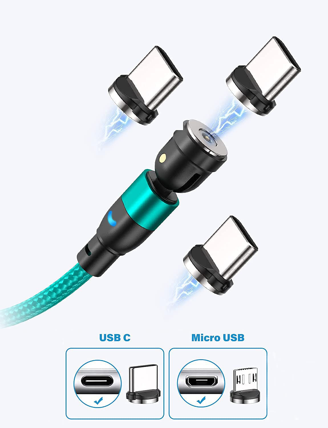 Cavo Magnetico Di Ricarica, USB C Magnetico [6Pezzi, 0.5M/1M/1M/2M/2M/3M] Cavo Magnetico Tipo C Nylon Intrecciato Cavo Ricarica Magnetico Micro USB per Smartphone-Verde