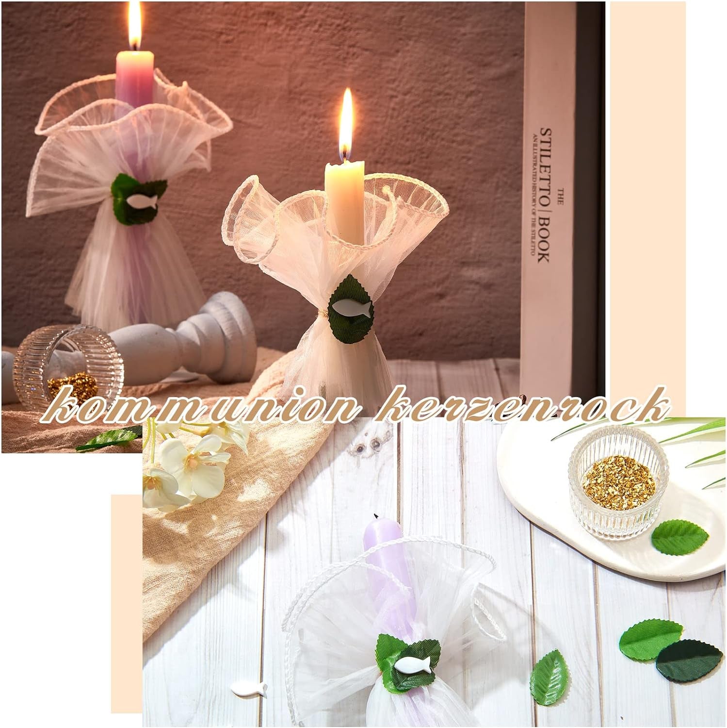 Set Di Gonne Di Candele per Comunione DIY per Fare 5-8 Tulle per Candele Con Foglie Di Eucalipto Pesce Protezione Antigoccia per Candela per Comunione Battesimo, Bianco