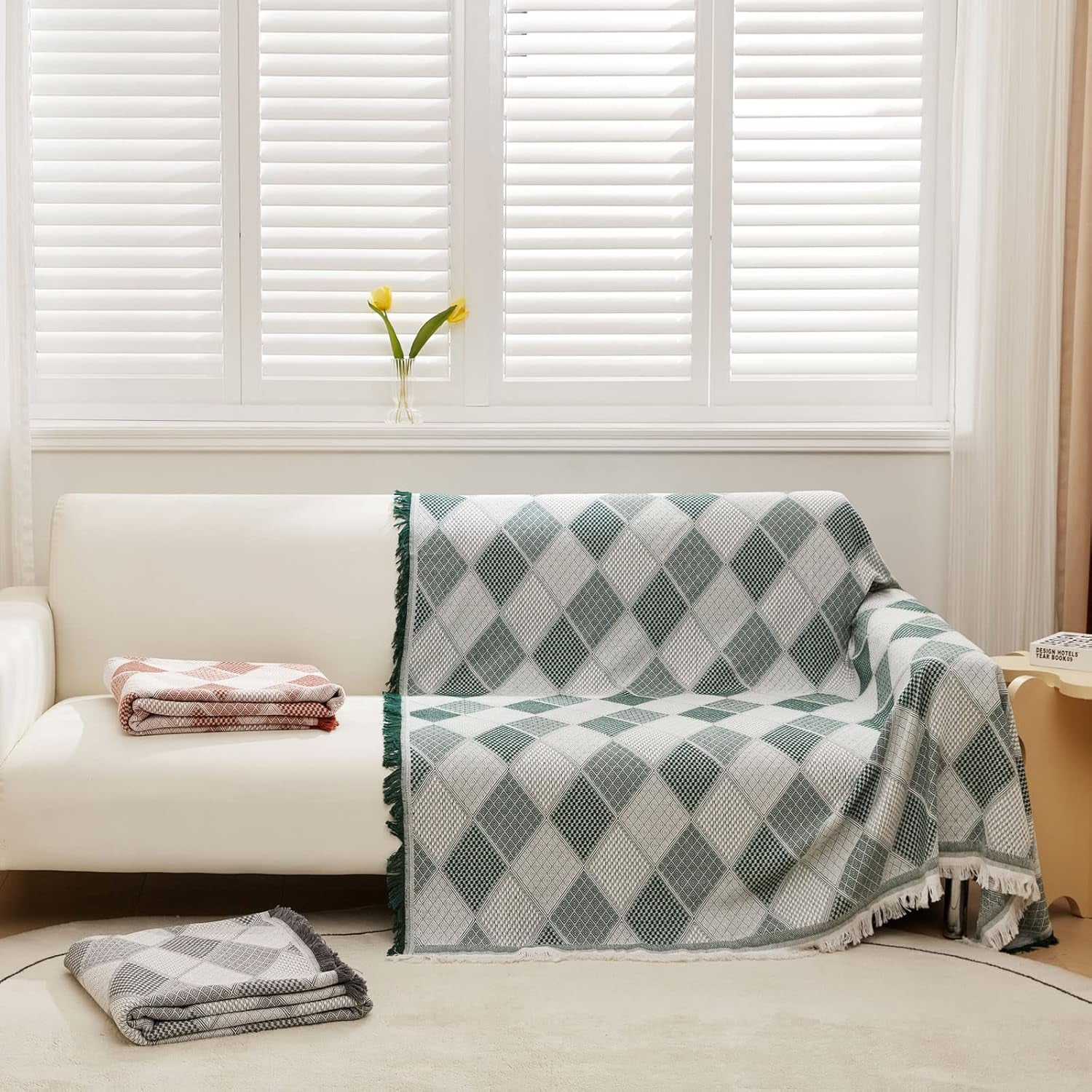 Coperta in Tessuto per Divani Grande a 3 Posti per Divani E Letto, Reversibile, Versatile, Elegante, Con Motivo a Rombi E Nappe, Verde, 180 X 300 Cm