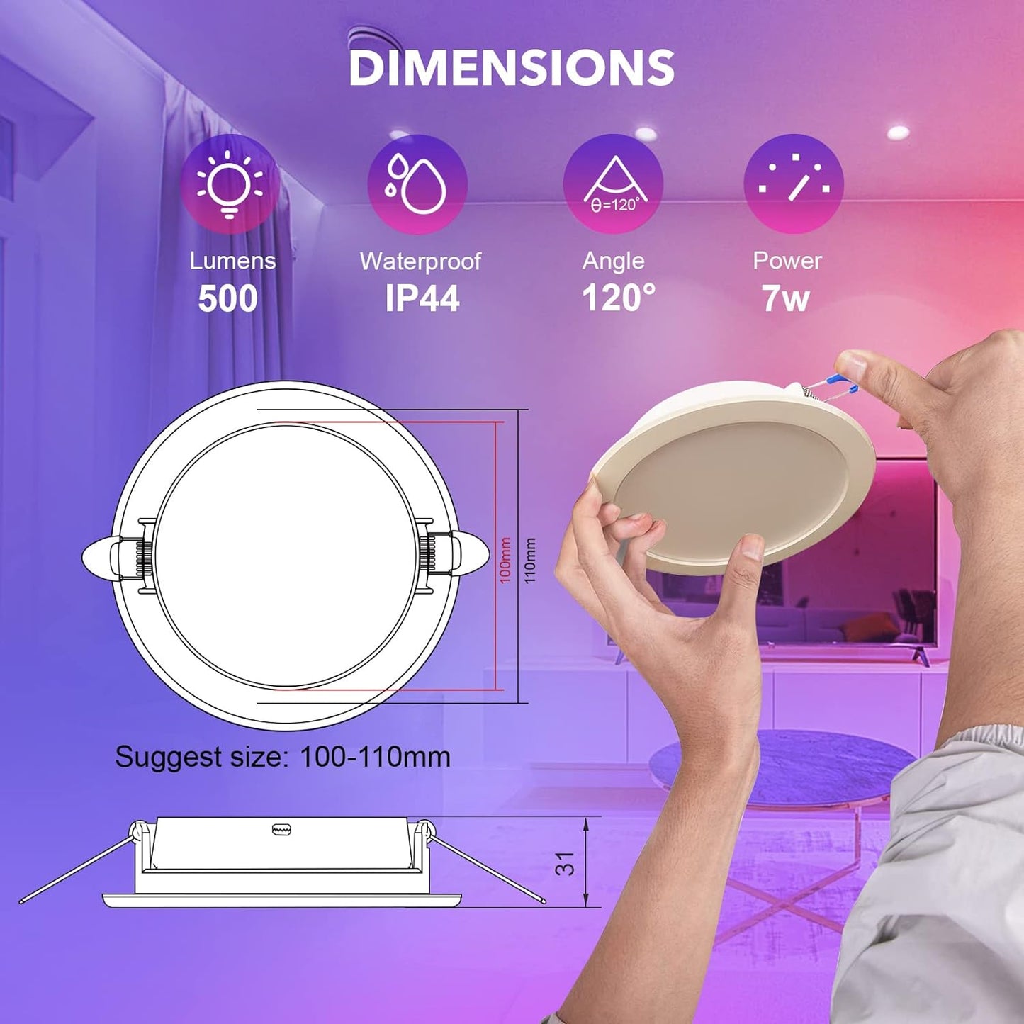 Faretti Alexa Led Da Incasso,7W 500LM Compatibili Con Alexa E Google Home, Multicolore RGBCW LED Dimmerabile, Luci Ultrasottili Faretti Smart Led Da Incasso per Cartongesso, 2 Pezzi