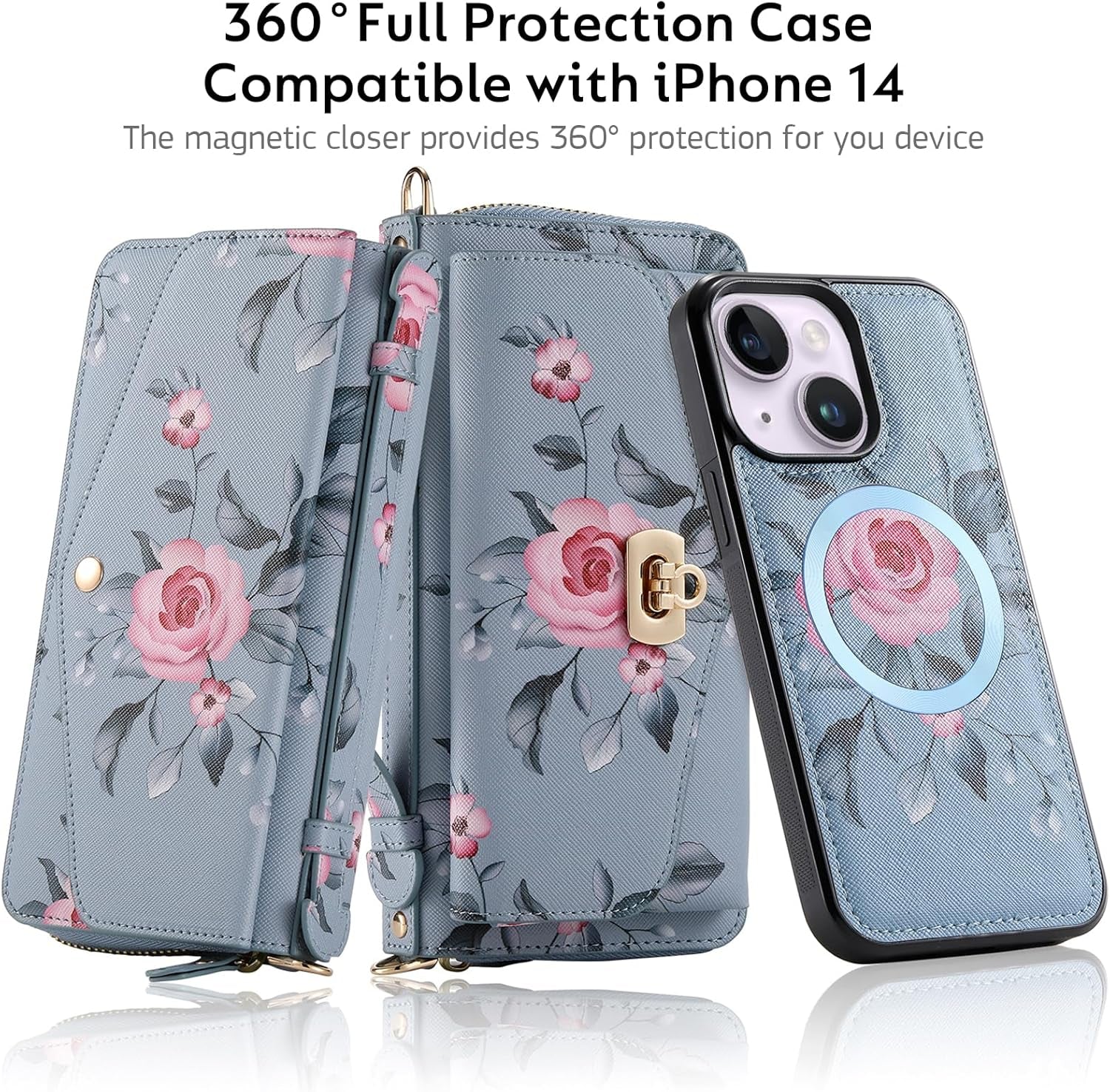 Custodia a Portafoglio per Iphone 14 [Pelle PU Di Alta Qualità] [Slot per Schede] [Chiusura Magnetica] Custodia Protettiva RFID Borsa a Tracolla Custodia Mobile Compatibile per Iphone 14 Da 6,1