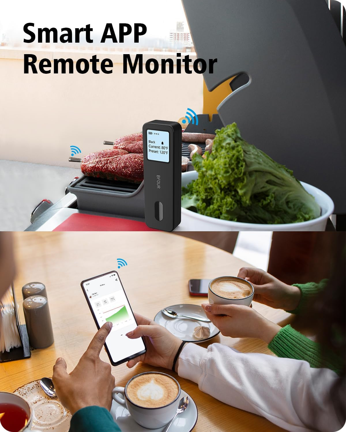 Termometro per Carne Senza Fili, Con Grande Display LCD, Ricaricabile Tramite USB, Supporto Magnetico, Distanza Wireless 90 M