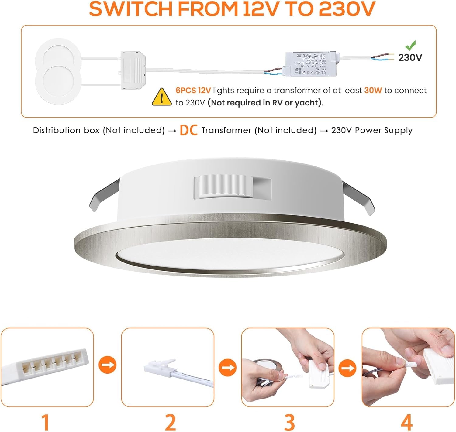 Spot LED 12V, 3000K-4000K-6000K Spot LED Incasso 12V, 4W 270LM Mini Spot LED Incasso per Sous Armoire, Cucina, Camper, Roulotte, Nichel