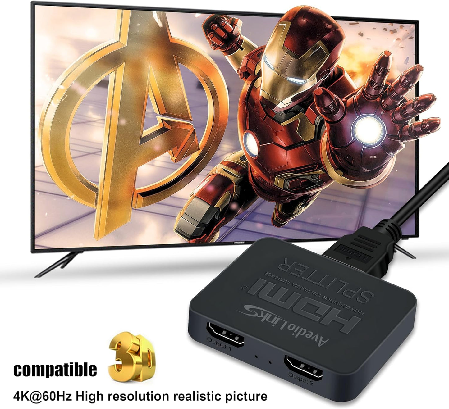 Splitter HDMI 4K a 60 Hz, Sdoppiatore HDMI 1 Ingresso 2 Out Con Cavo HDMI Da 1,9 M, Splitter Hdmi2.0B per Doppio Monitor 【Solo Schermi Duplicati/Mirroring, Non Estendibile】Supporta 1080P HDCP2.2, RGB