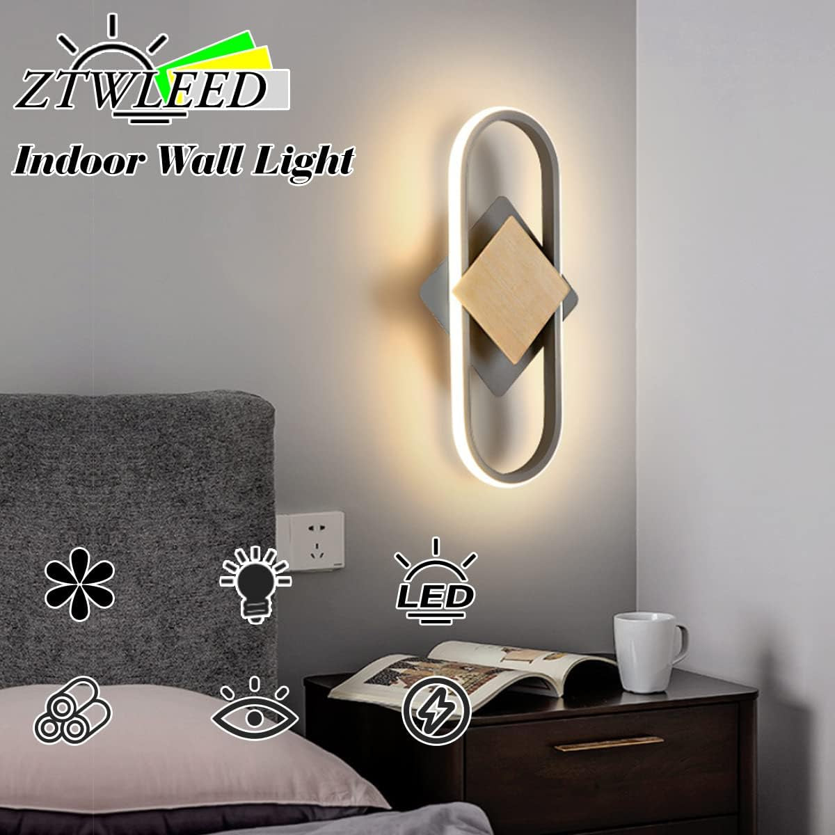Applique LED Da Parete Interno Moderno,19W Lampada Da Parete Interni Decorazione Con Venature Legno,Bianco Naturale 4000K Lampade Muro per Camera Da Letto Soggiorno Corridoio Ufficio Quadrato