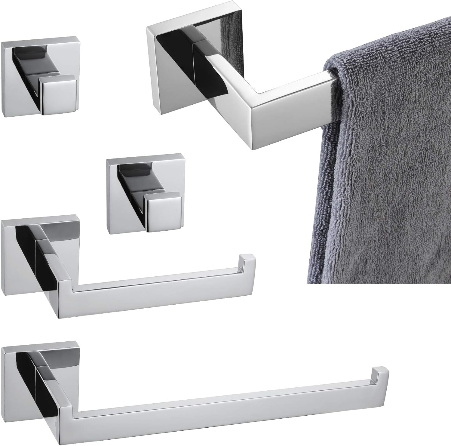 Set Di 5 Pezzi Di Accessori per Il Bagno in Acciaio INOX Lucido Porta Carta Igienica Gancio per Accappatoio Montaggio a Parete Finitura Lucida B05A5-CH