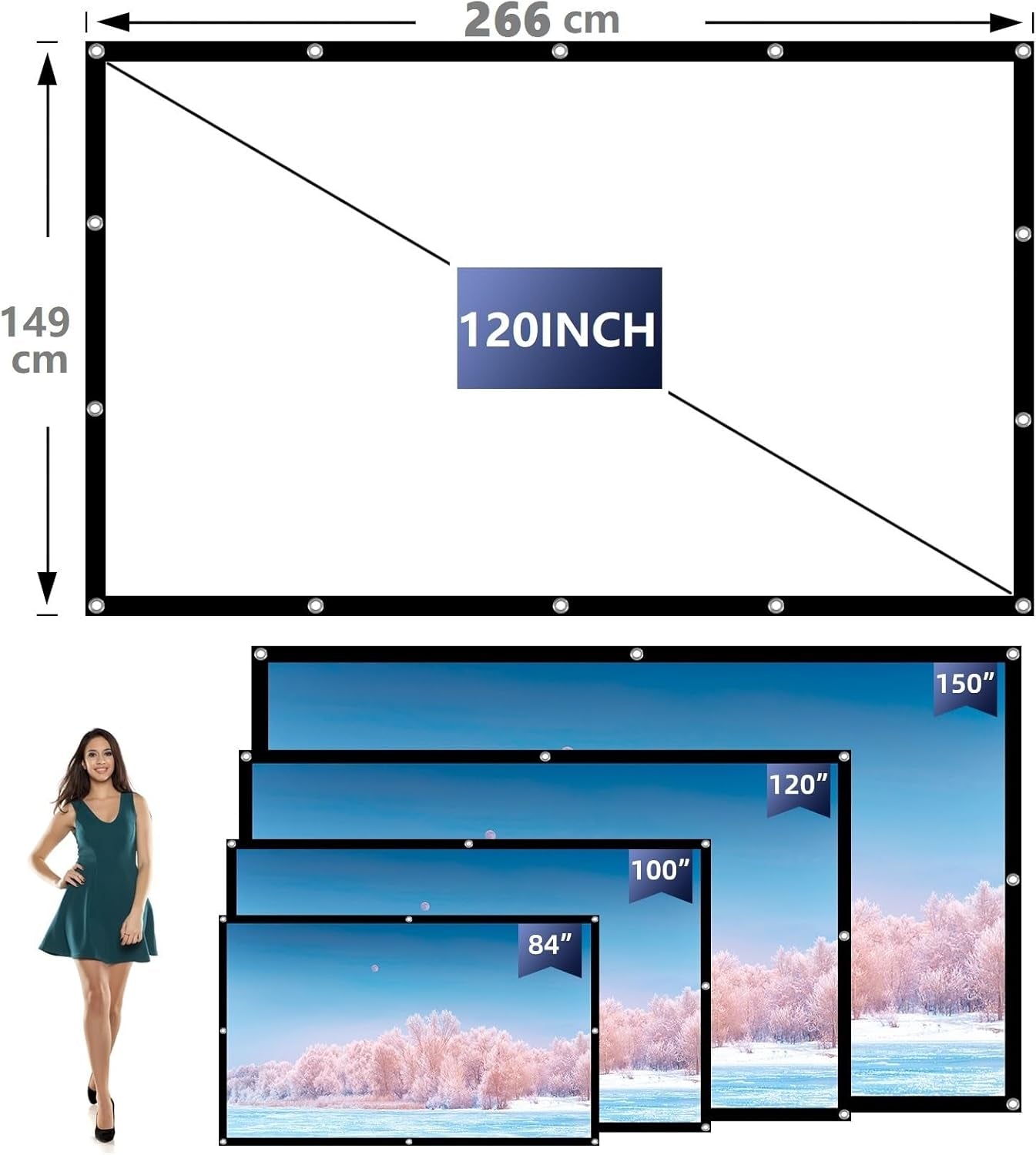 Schermo per Proiettore Da 120 Pollici, Schermo Cinematografico Portatile, 16:9/Pieghevole/Anti-Crease/1.1 Gain/160°Viewing/Ganci per Chiodi E Borsa, Supporto per Proiezione (120 INCH)