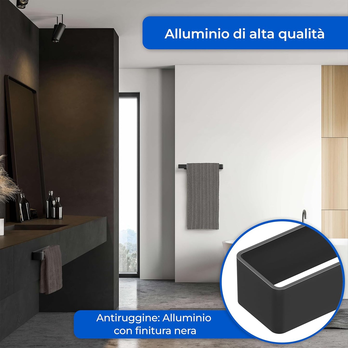 Barra Portasciugamani  Senza Forare - Nastro Adesivo Di Montaggio TESA E Superficie Adesiva Extra Large - Barra Portasciugamani in Alluminio Da Incollare (Nero Alluminio, 40 Cm)