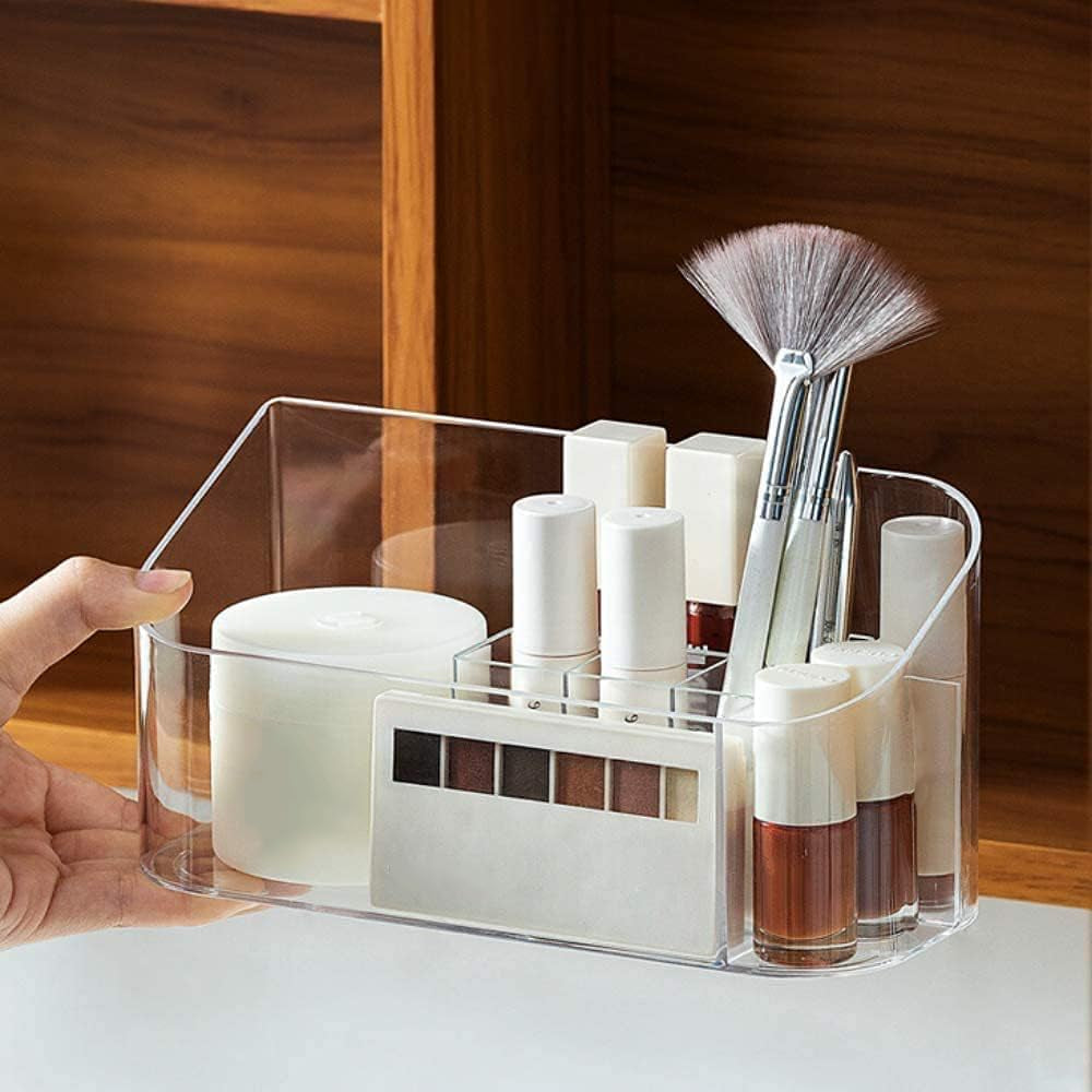 LINFIDITE Organizer per Cosmetici Organizer per Cosmetici con 9 Scomparti e 2 Divisori Rimovibili, Armadietto da Bagno Porta Cosmetici, Scatola per Cosmetici Essenziali di Bellezza Trasparente