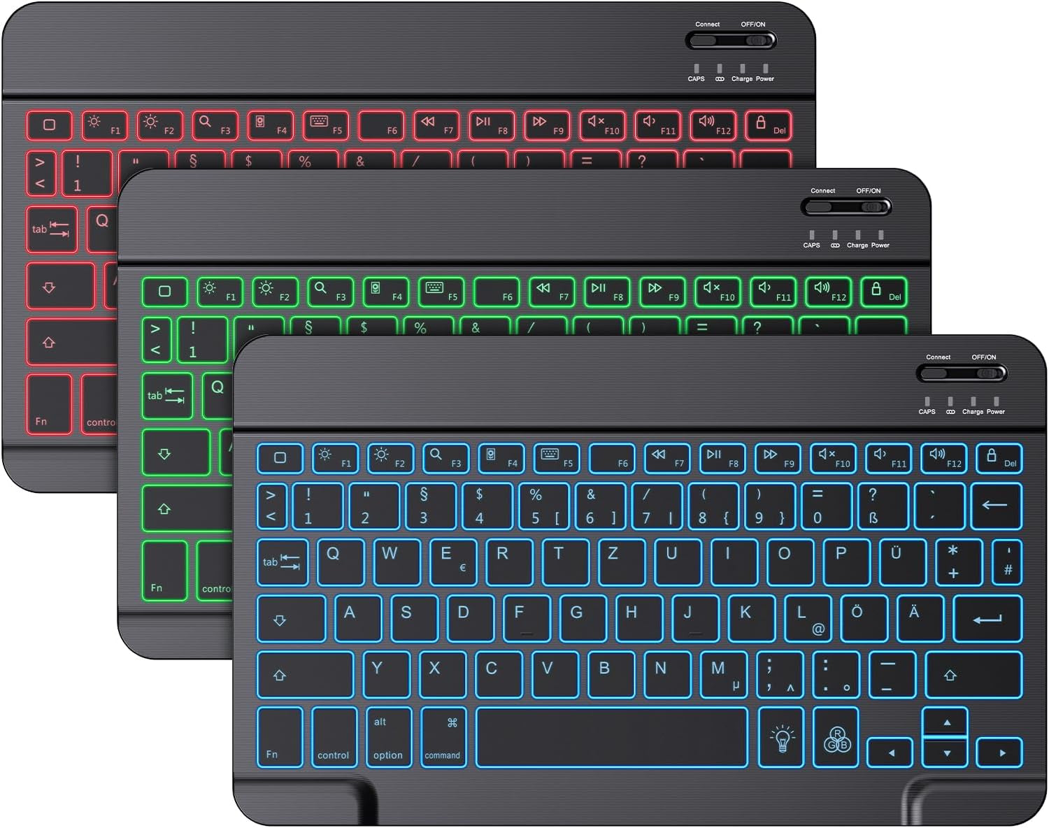 Tastiera Wireless per Ipad, Tastiera Bluetooth Ricaricabile Con Ipad Air/Ipad Pro/Mini/Ipad 10.9/Iphone, Ultra Sottile, [7 Colori Illuminati], Layout QWERTZ, Tastiera Ipad