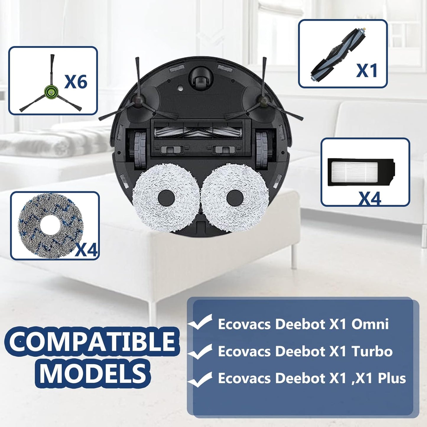 15 Pezzi Accessori Di Ricambio per Ecovacs Deebot X1 Omni X1 TURBO X1 X1 plus Aspirapolvere (4 Panni + 1 Spazzole Principali + 6 Spazzole Laterali + 4 Filtri)