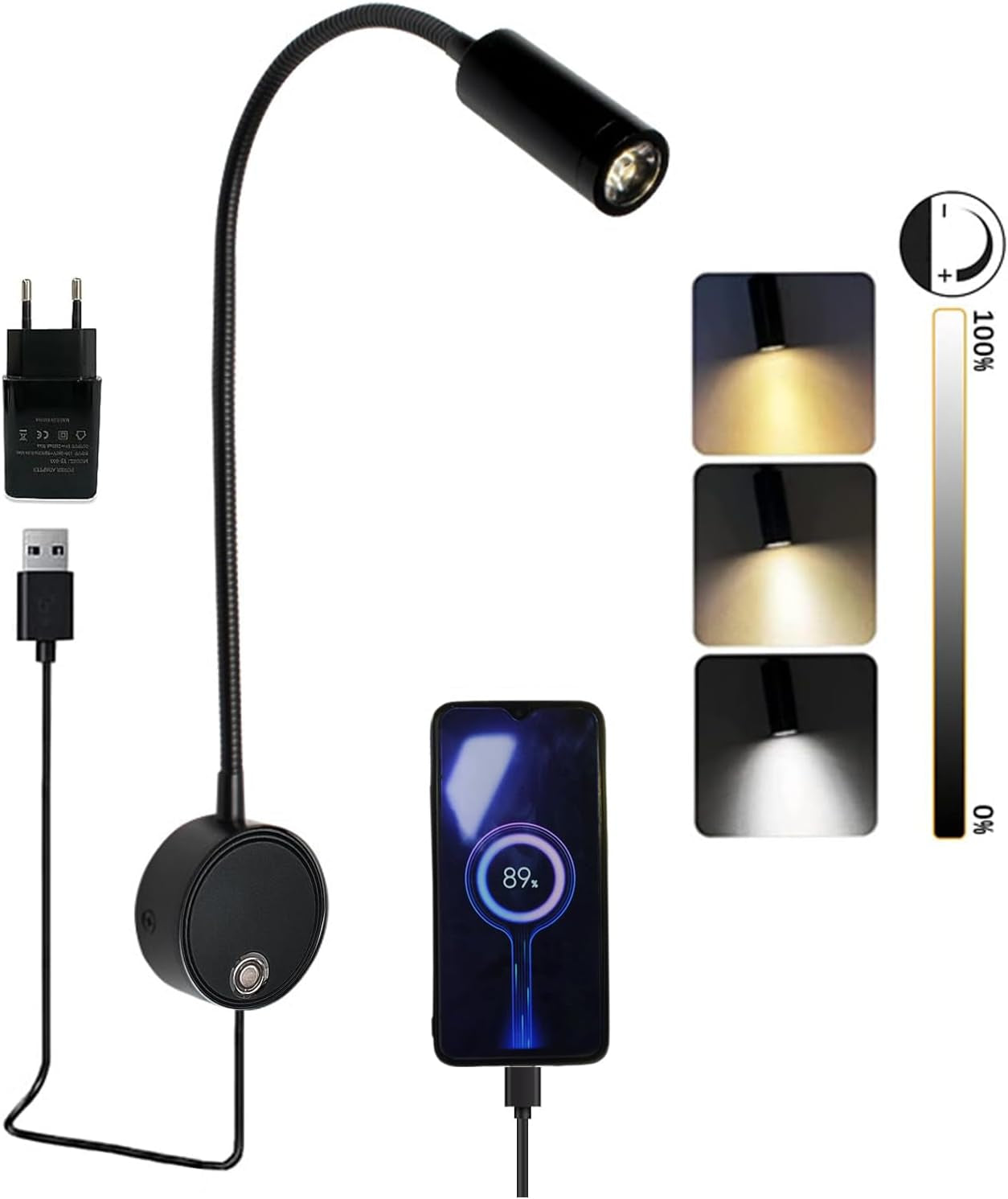 Lampada Da Lettura Con 360° Braccio Flessibile Con Spina E Touch Interruttore, Dimmerabile Lampada a Collo Di Cigno LED Con Porte Di Ricarica USB, 3W Lampada Lettura in Alluminio per Camera Da Letto