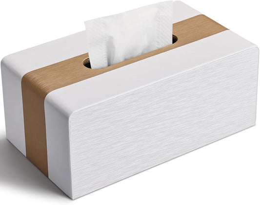 Porta Fazzoletti Rettangolare, Scatola Fazzoletti Portafazzoletti in Pelle (Oro & Bianco)