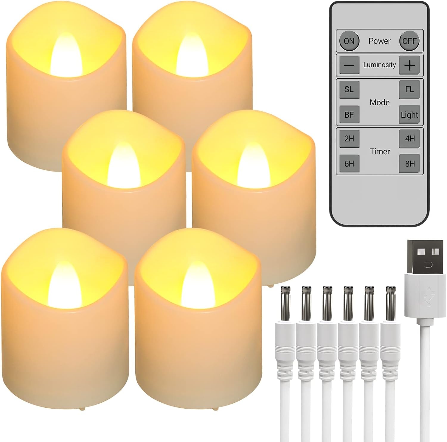 6 Candele LED Ricaricabili Con Funzione Timer, Telecomando, Fiamma Tremolante Elettrica Con Cavo Di Alimentazione per Soggiorno, Halloween, Natale, Matrimoni, Feste, Decorazioni