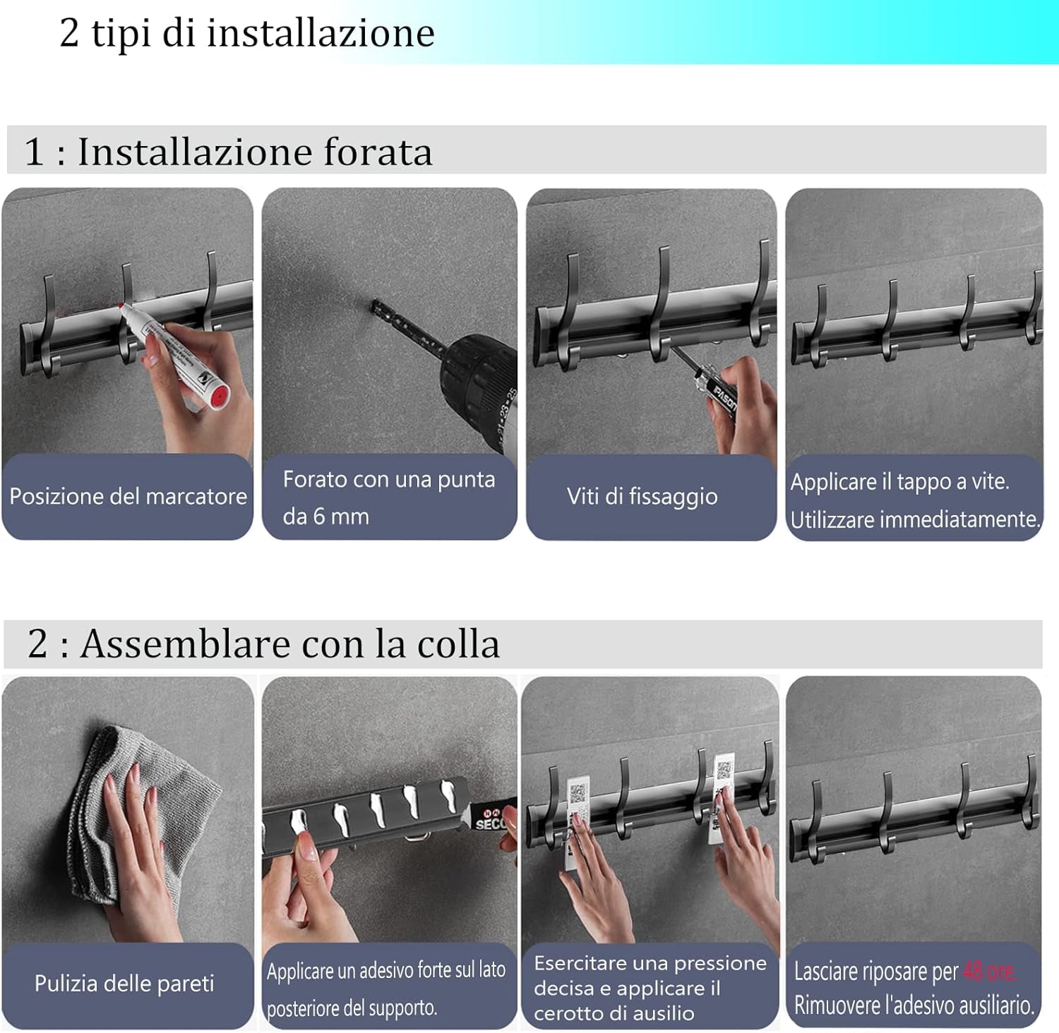 Porta Asciugamani in Alluminio Ganci Da Parete Ganci Da Cucina Ganci Da Parete per Bagno,Cucina,Porta,Garage,Ganci Scorrevoli, 8 Ganci in Totale,Nero