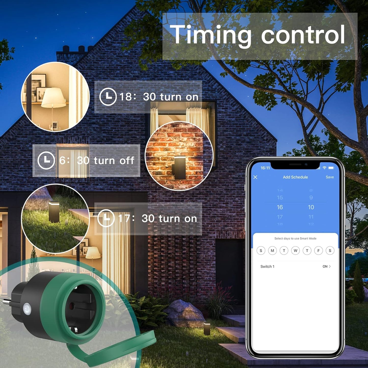 Presa Corrente Da Esterno, Presa Di Corrente Wifi Intelligente Controllo Vocale E Orologio Con Timer, Adatta per Giardino, Terrazza, Balcone, Funziona Alexa/Google Home, IP44 Waterproof，1 Confezione