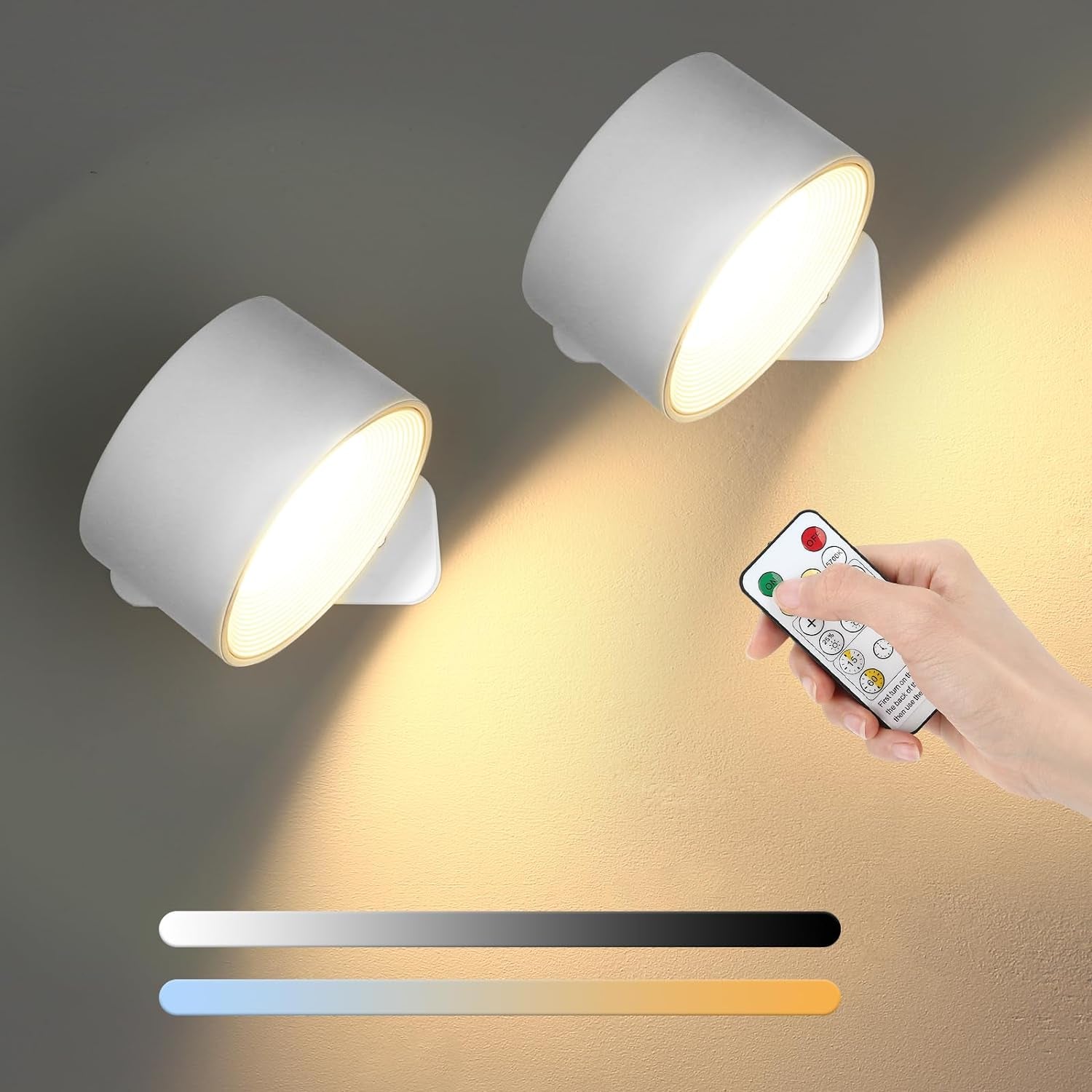 2 Pezzi Lampada a Batteria, LED Moderna Applique Parete Controllo Touch Telecomando Ruotare 360° Dimmerabile Batteria Ricaricabile Modalità Luminosità Calda/Bianca per Camera Da Letto