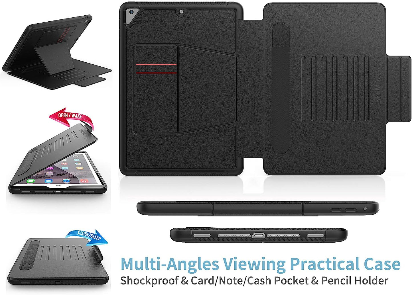 Custodia per Ipad 6A/5A Generazione/Air 2 / Pro 9,7 Pollici, Custodia Antiurto per Ipad 9.7 Con Portamatite [Forte Magnetico] Supporto Multiangolo & Slot per Schede (Nero)