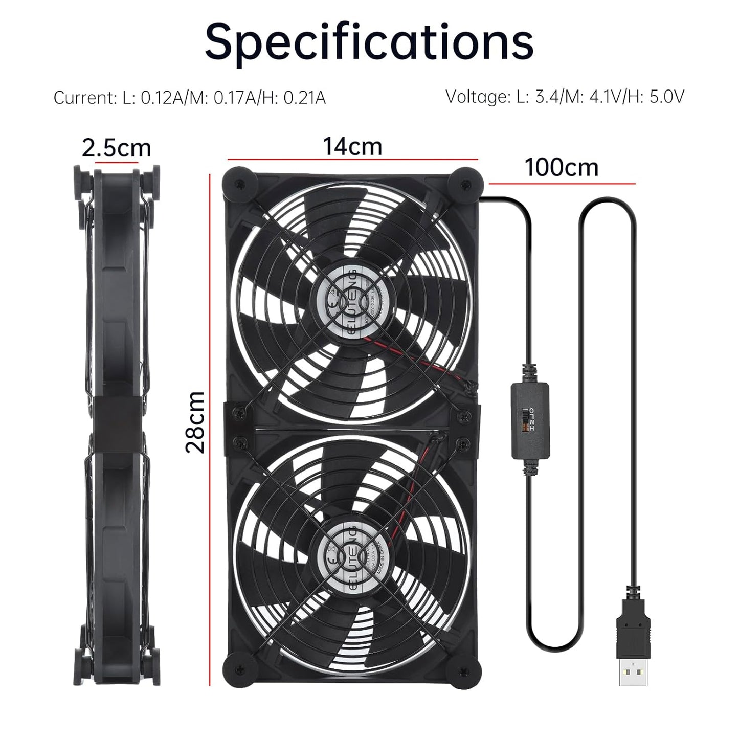 Ventola USB Da 140 Mm 5 V 2 in 1 Con 3 Velocità Regolabili, Ventola Doppia per PC USB Da 140 Mm per Computer Con 8 Piedini Ammortizzanti per PS5 Ps4/Laptop/Tv Box/Router