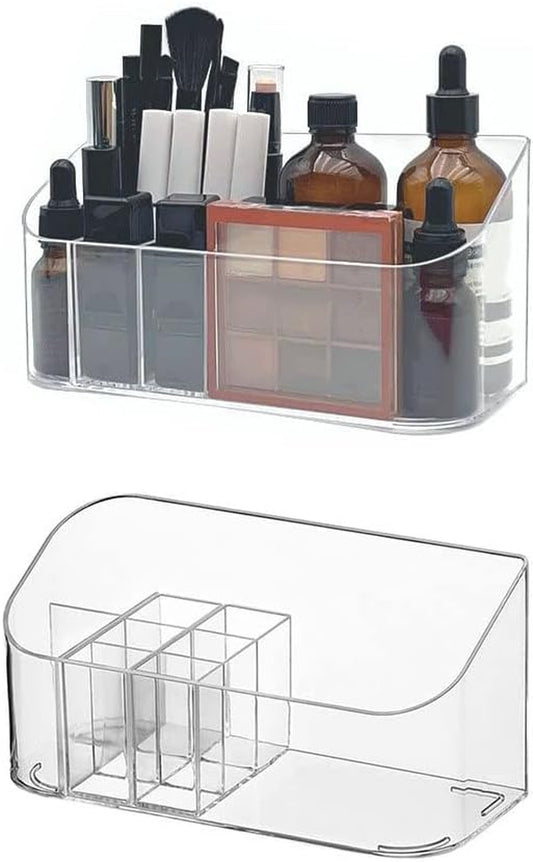 LINFIDITE Confezione da 2 organizer per trucchi, organizer per cosmetici con 9 scomparti, 2 divisori rimovibili, mobiletto da bagno, porta cosmetici, scatola portaoggetti per gli oggetti essenziali di bellezza, cristallino