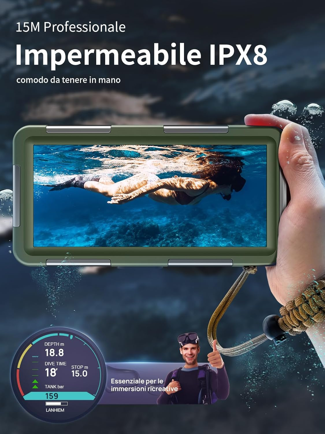 Custodia Impermeabile Subacquea Professionale IP68 15M per Iphone Samsung Huawei Xiaomi,Compatibile Con Telefoni Fino a 6,9 Pollici,Adatto per Immersioni Snorkeling Surf,Verde