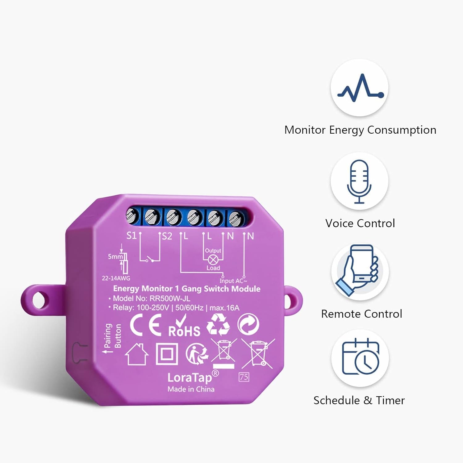 Interruttore Wifi 10A Con Misuratore Di Consumo Elettrico, Smart Modulo Timer Funziona in Parallelo Con Interruttore Originale, Compatibile Con Alexa Echo E Google Home, Relè 2300W