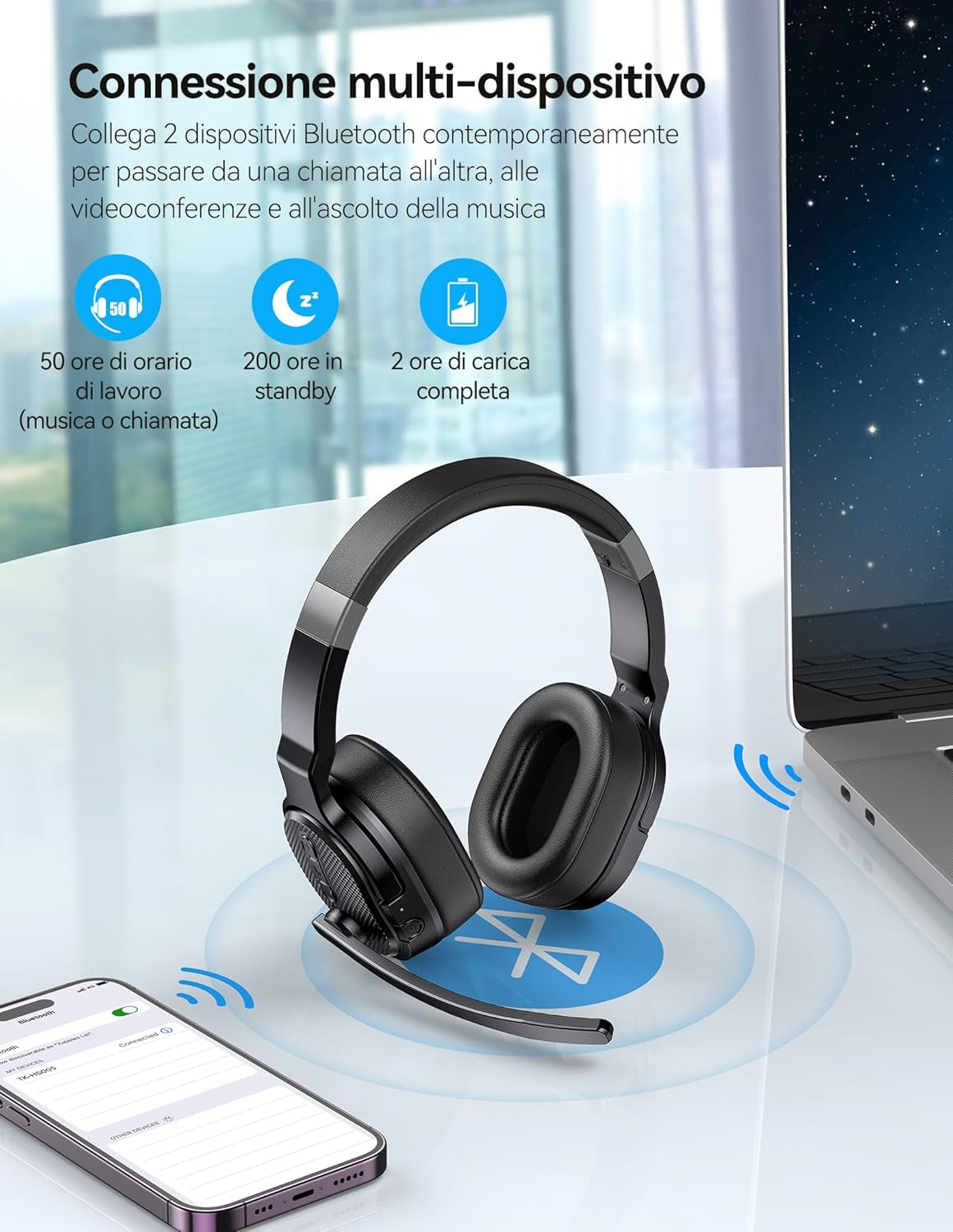 Cuffie Bluetooth Con Microfono, USB Dongle Cancellazione Del Rumore Singolo E Doppio Auricolare Senza Fili Con 3 Modalità Di Musica EQ, Cuffie PC per Call Center, Ufficio, Camion