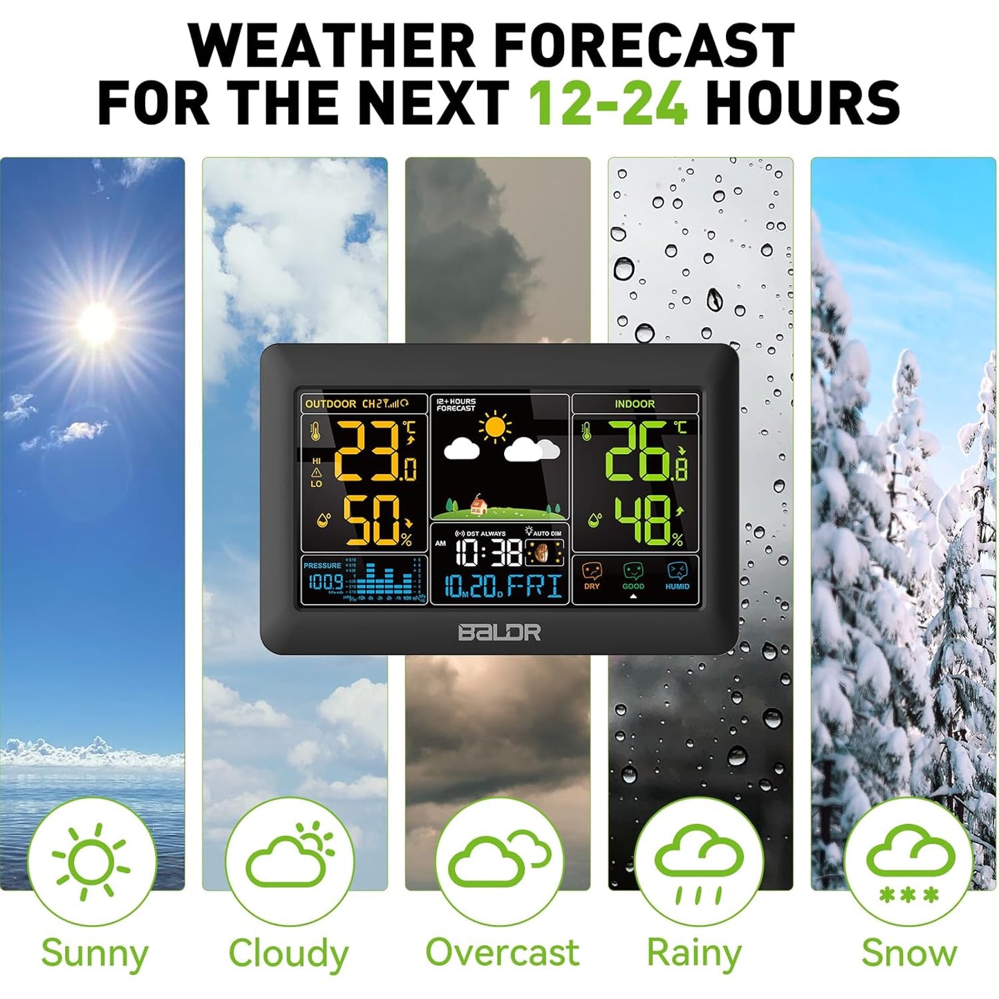 Stazione Meteo Radio Con Sensore Esterno DCF, Ampio Display a Colori Con Temperatura Interna Ed Esterna, Illuminazione Dimmerabile, Previsioni Meteo, Indicatore Di Pressione Dell'Aria