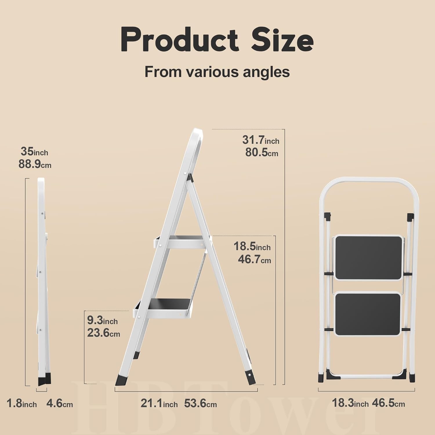 Scala a 2 Gradini Sgabello Pieghevole Leggero per Adulti Con Pedale Antiscivolo, Stabile Scala Portatile in Acciaio Con Corrimano, per La Cucina Di Casa, Portata 150 Kg, Bianco